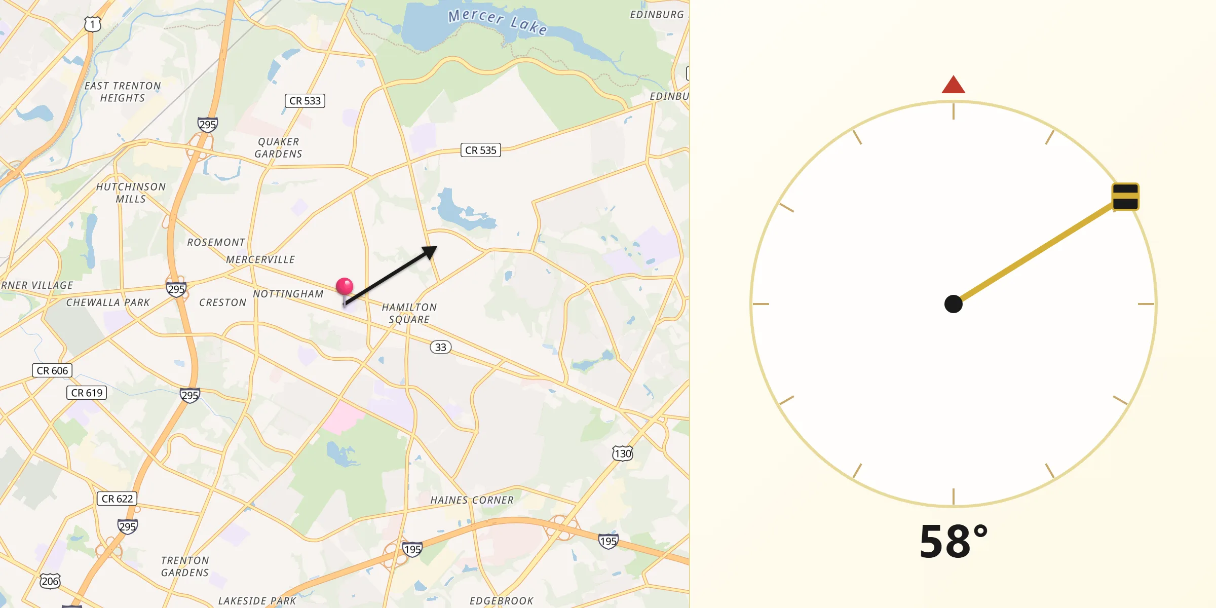 Qibla Direction from Mercerville-Hamilton Square