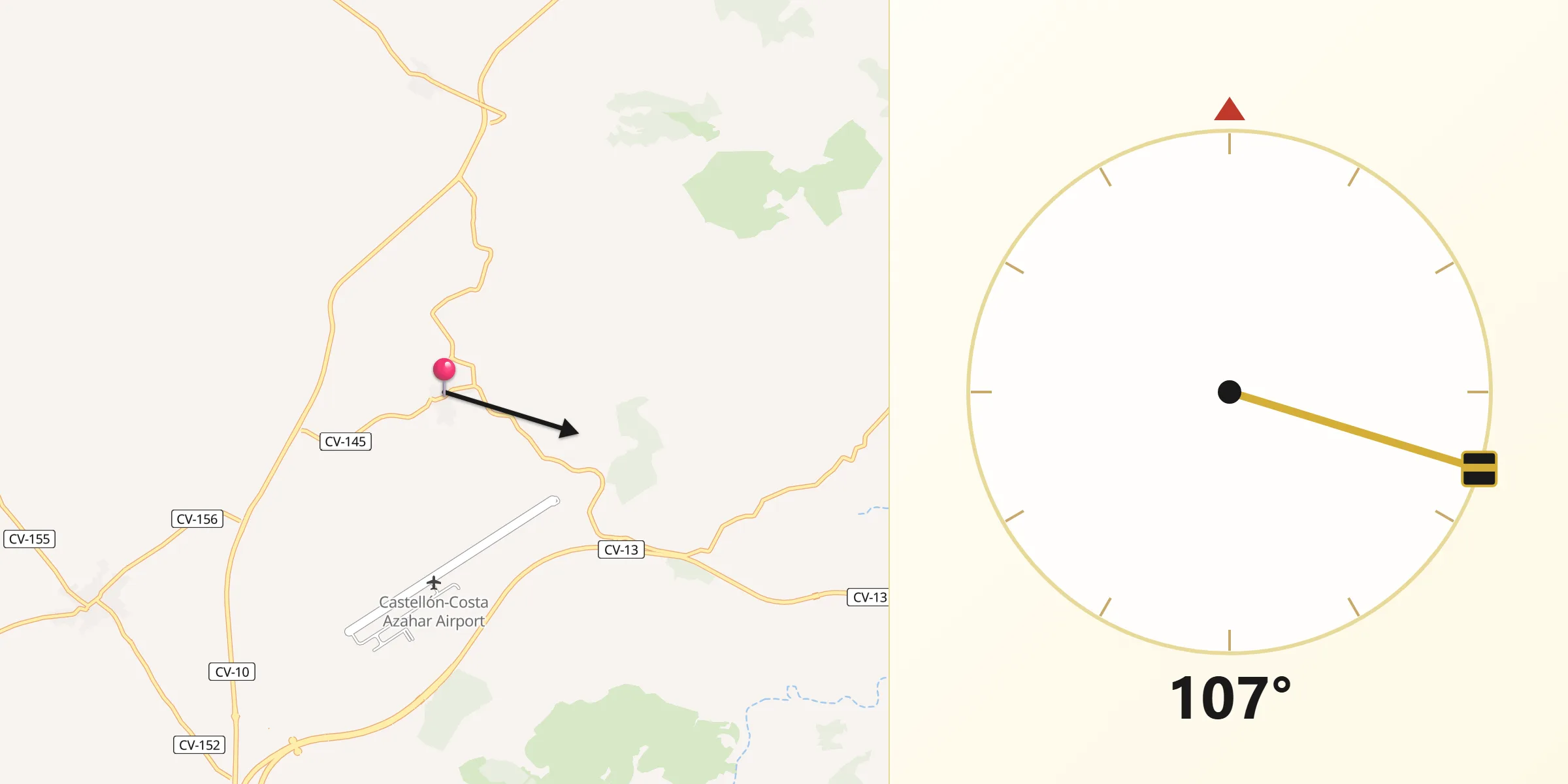 Dirección de la Qibla desde Vilanova d'Alcolea