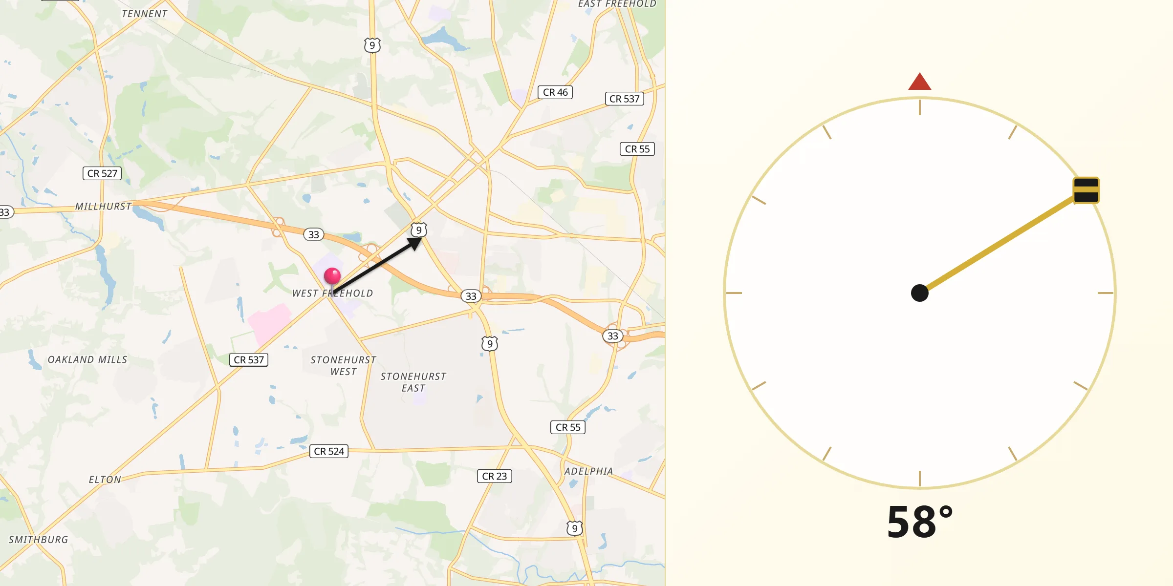 Qibla Direction from West Freehold