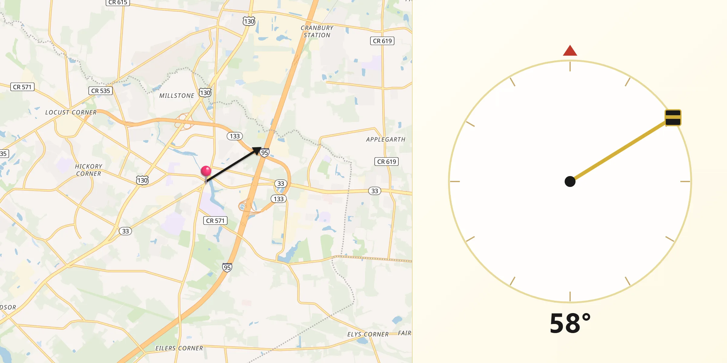 Qibla Direction from Hightstown