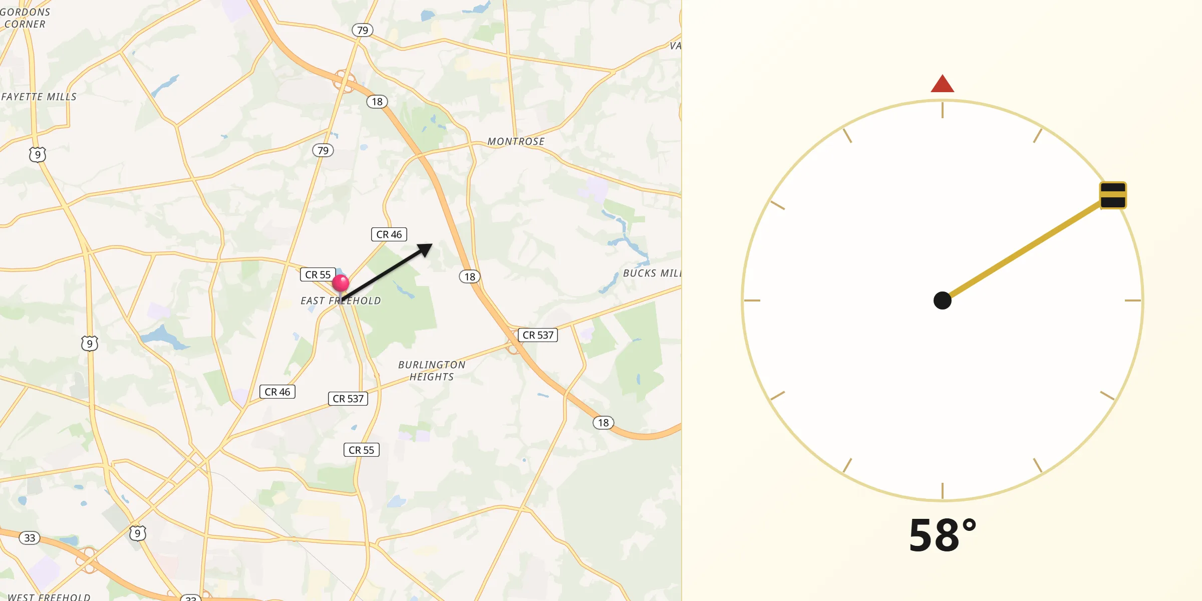 Qibla Direction from East Freehold