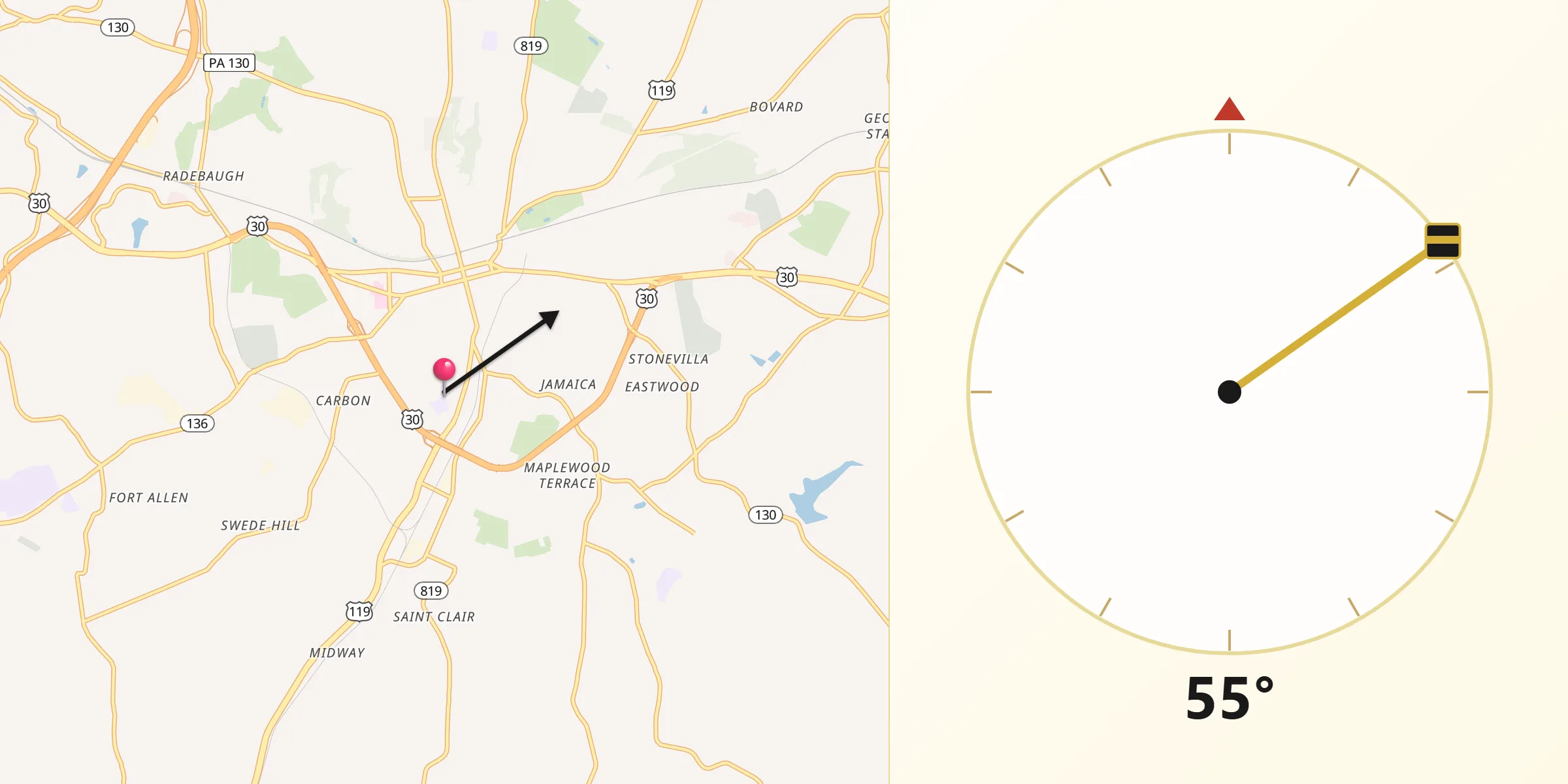 Qibla Direction from Southwest Greensburg