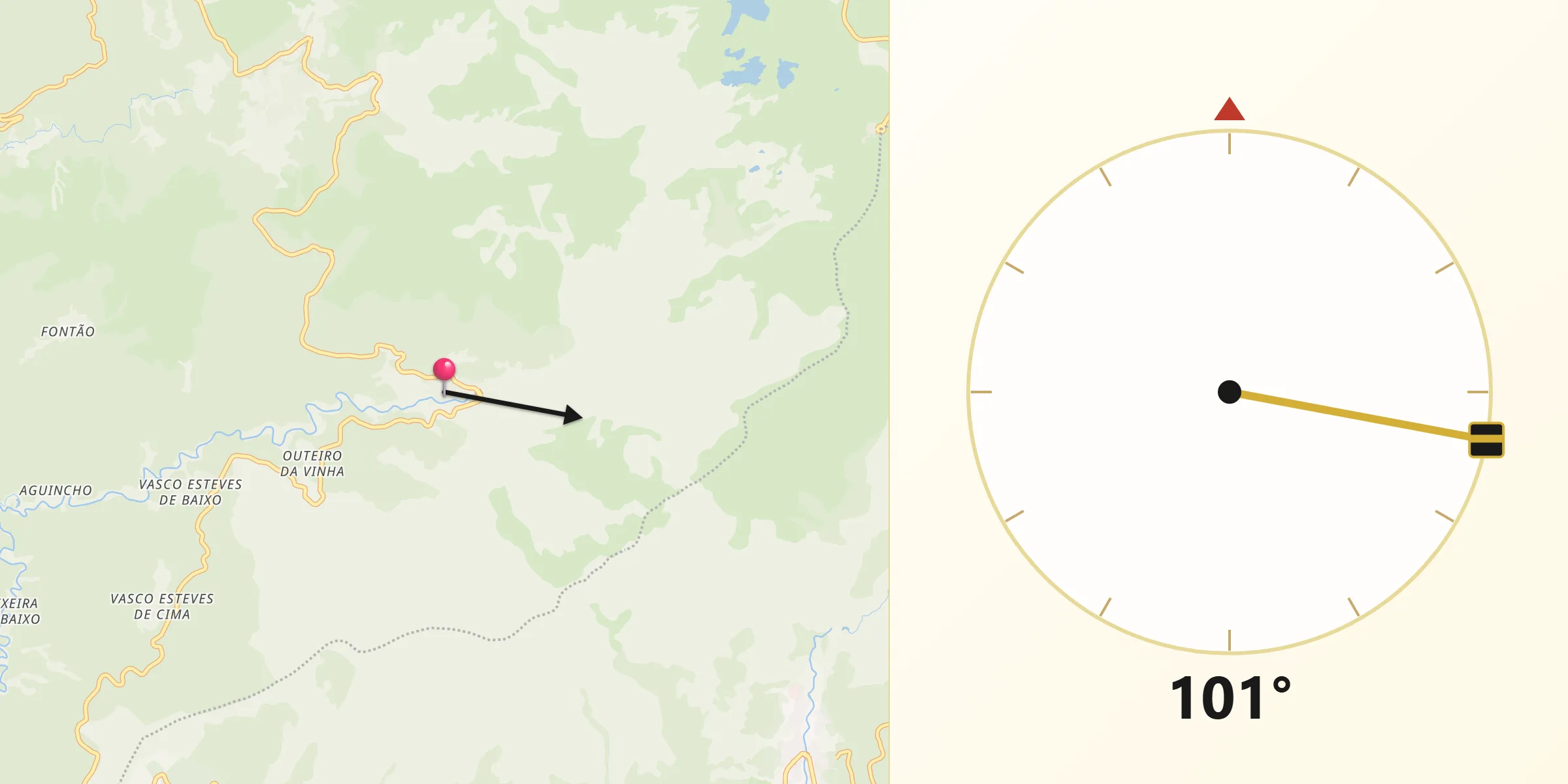 Direção da Qibla a partir de Alvoco da Serra