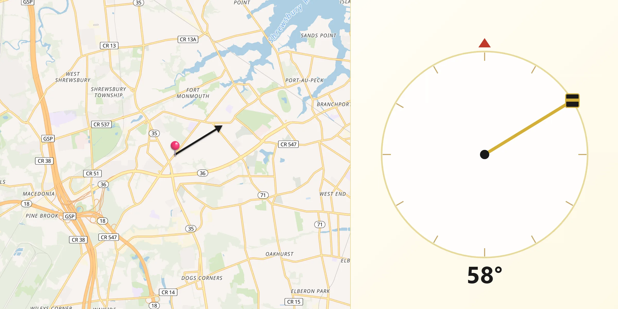 Qibla Direction from Eatontown