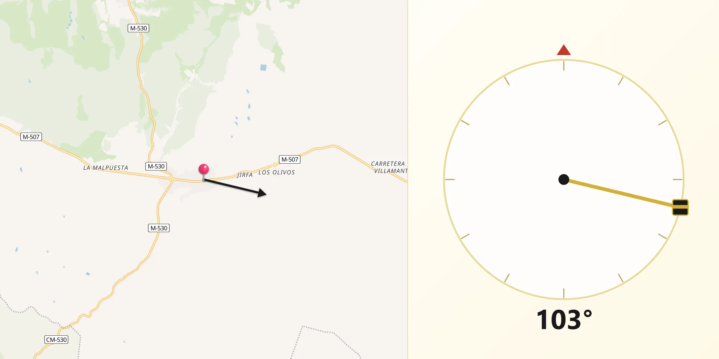 Dirección de la Qibla desde Villamanta