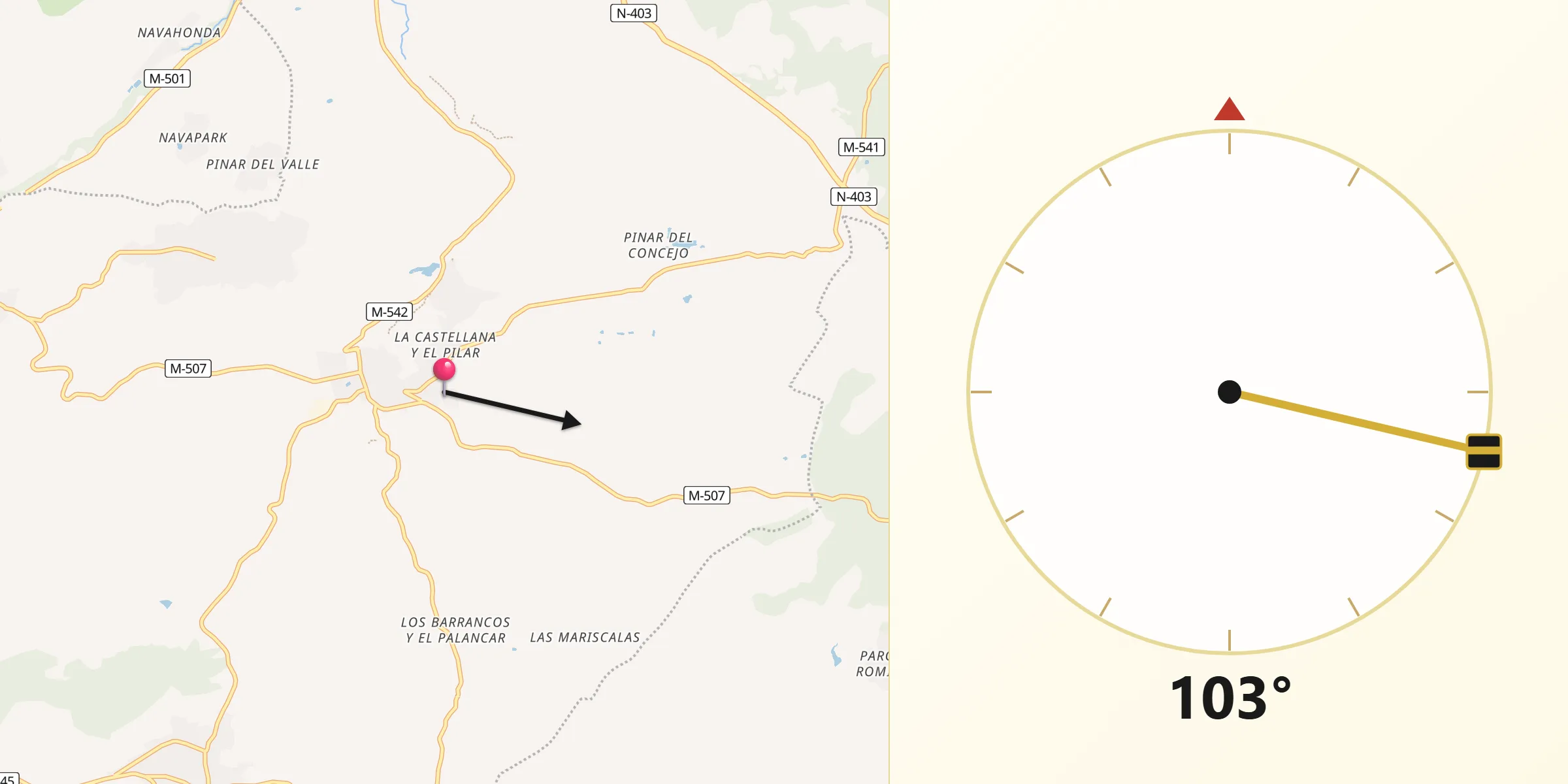 Dirección de la Qibla desde Cadalso de los Vidrios