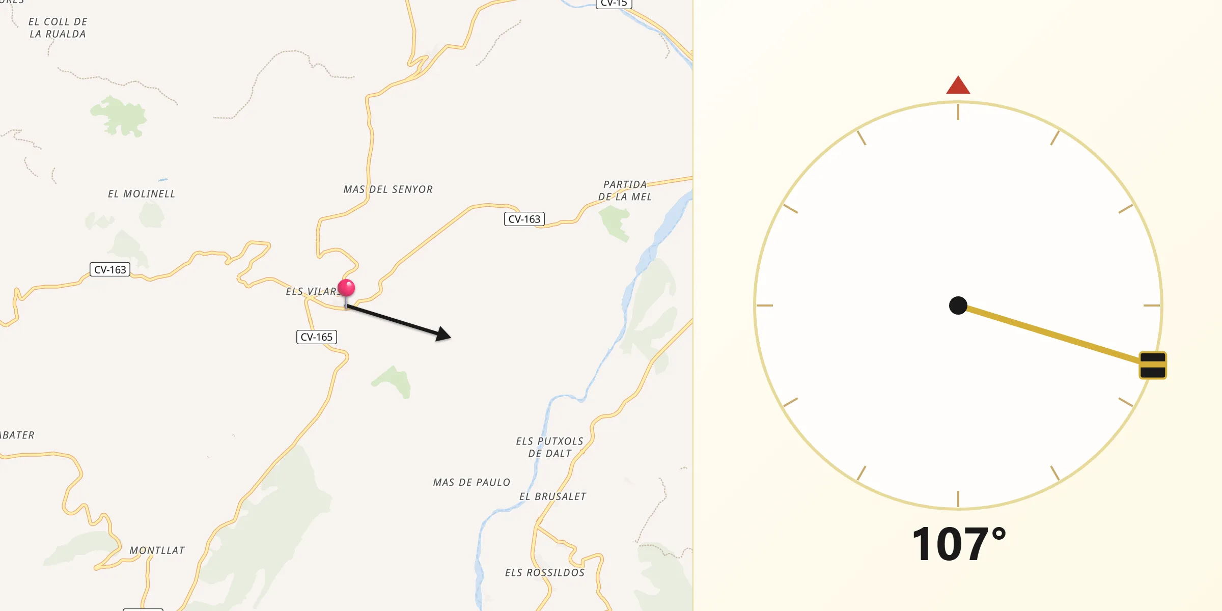 Dirección de la Qibla desde La Torre d'En Besora