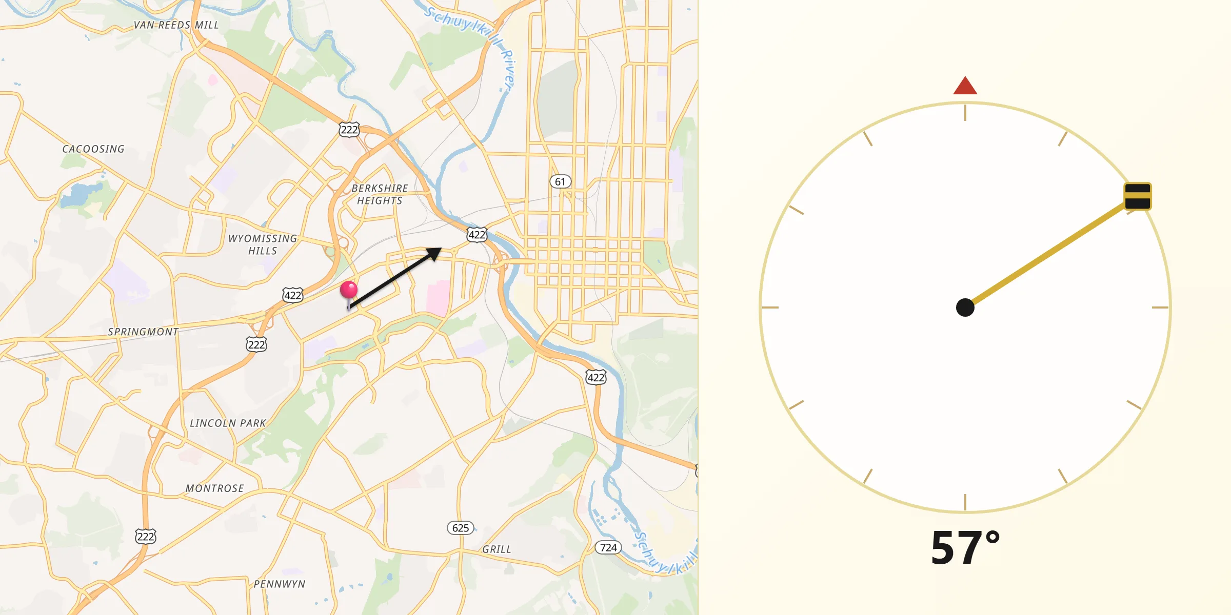 Qibla Direction from Wyomissing
