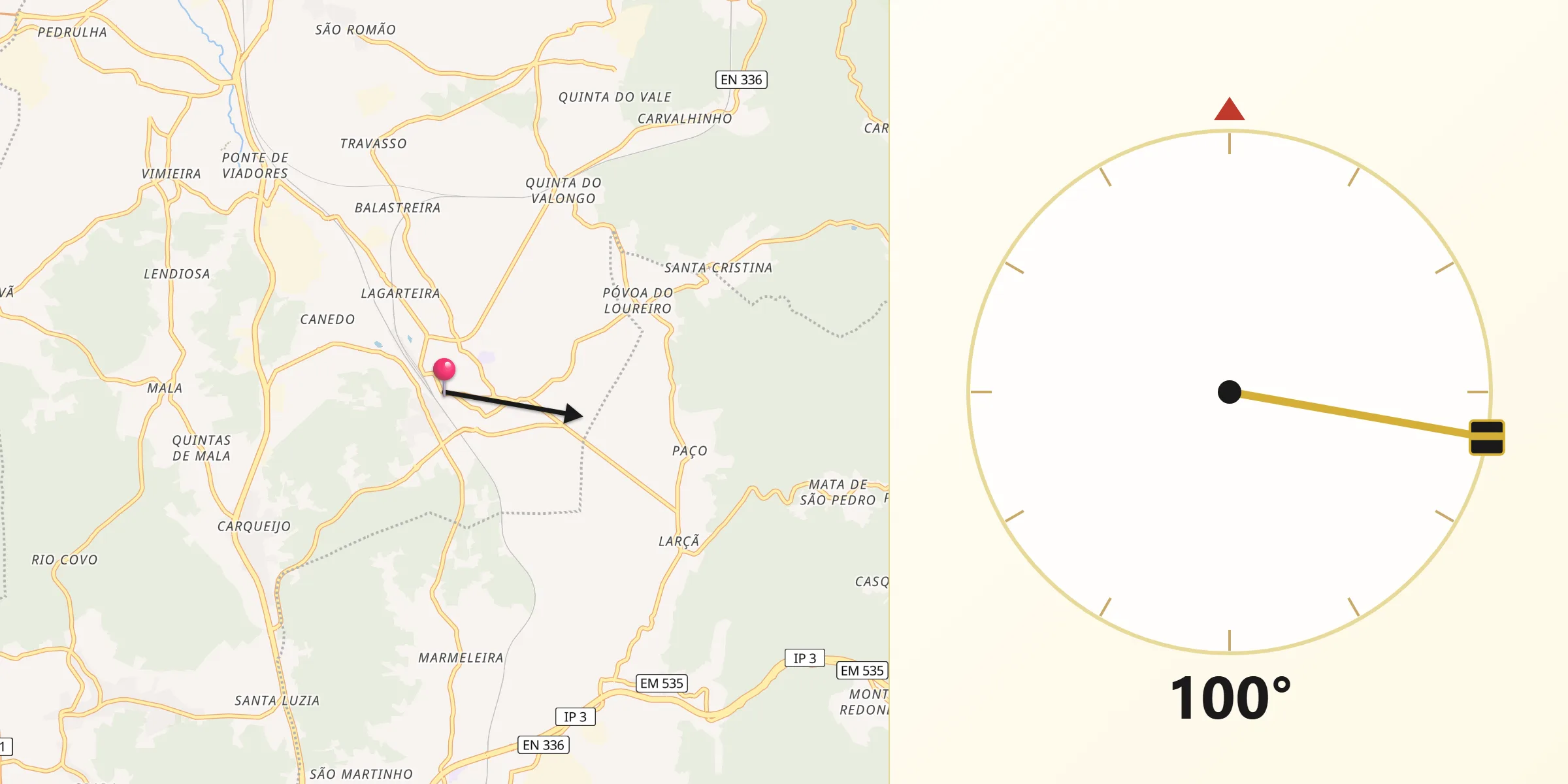 Direção da Qibla a partir de Pampilhosa do Botão