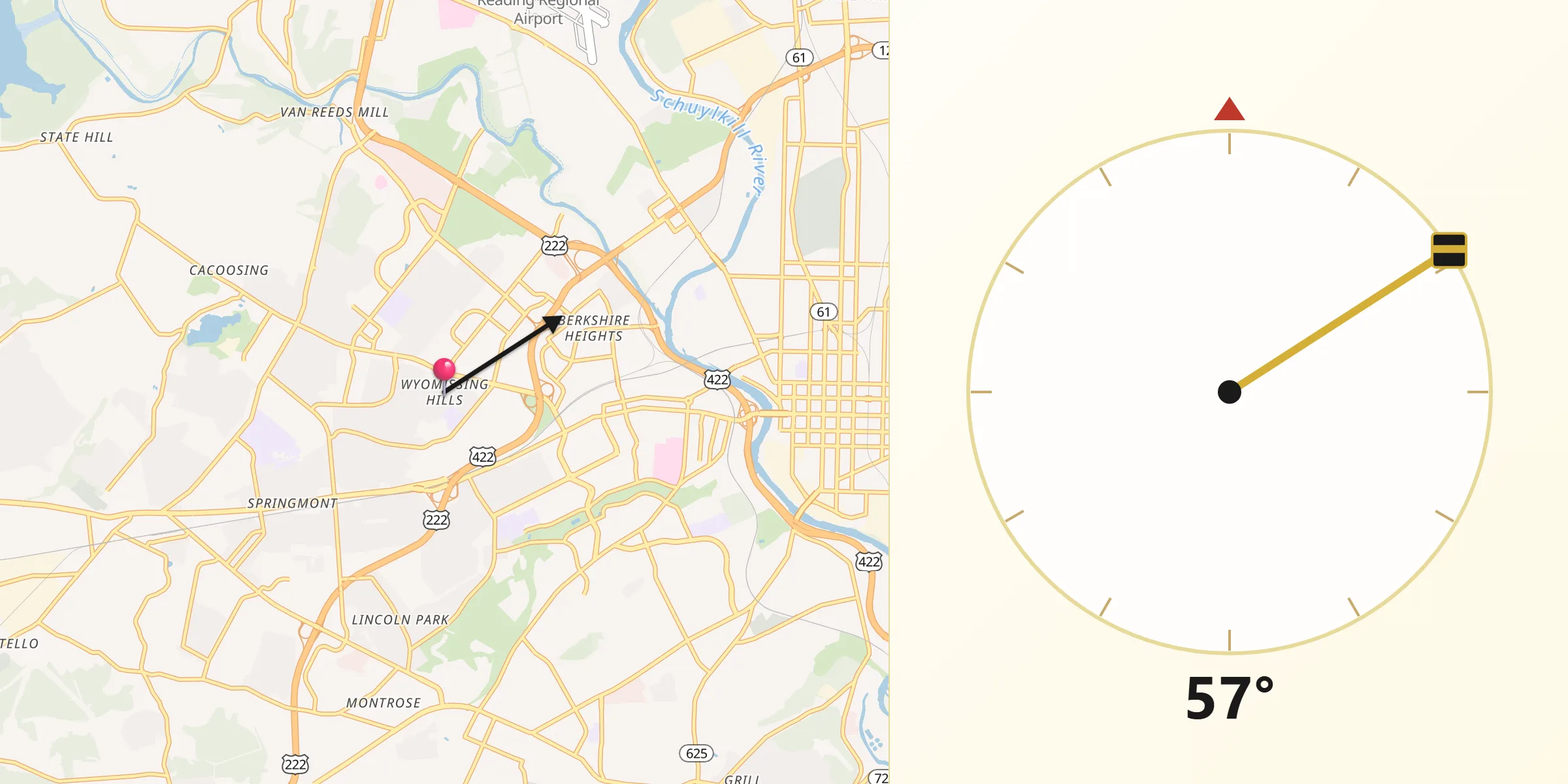 Qibla Direction from Wyomissing Hills