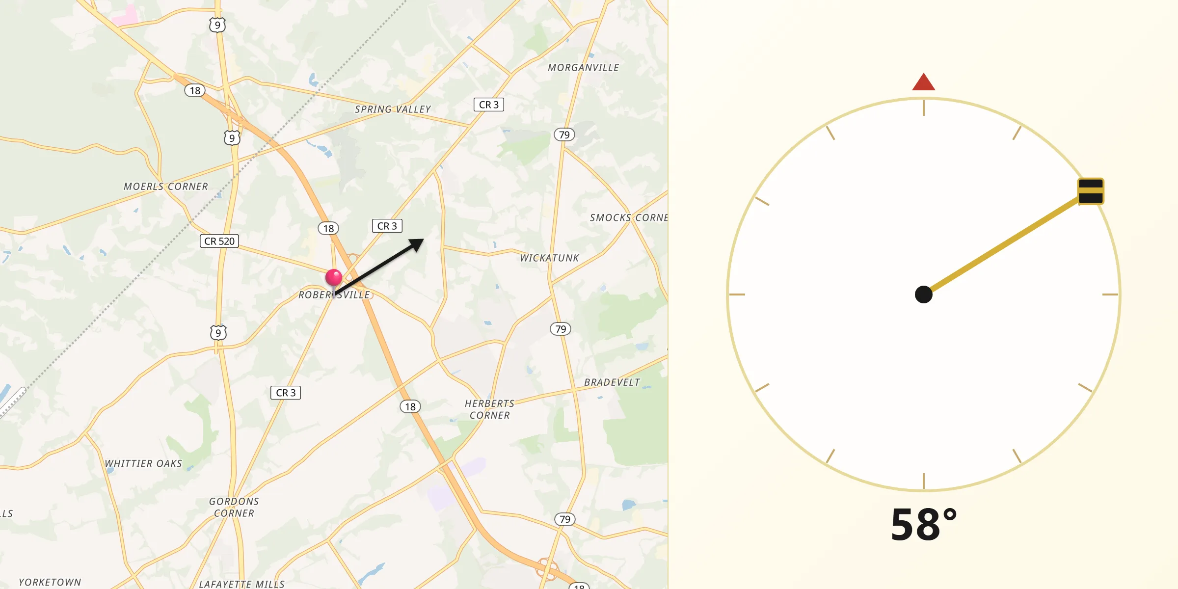 Qibla Direction from Robertsville