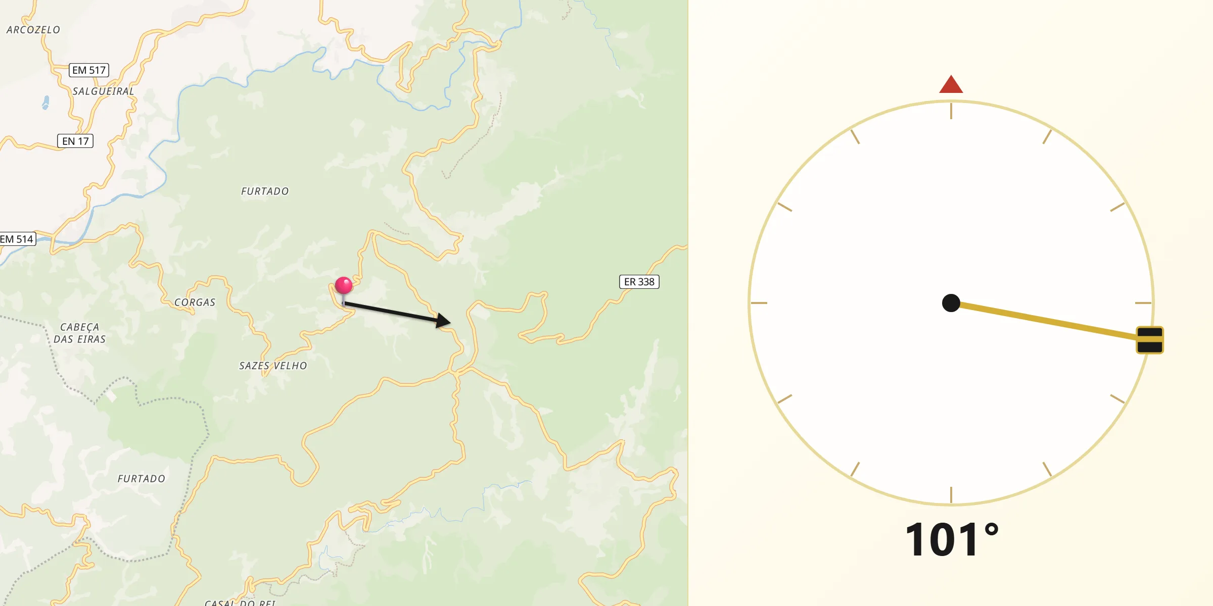 Direção da Qibla a partir de Sazes da Beira