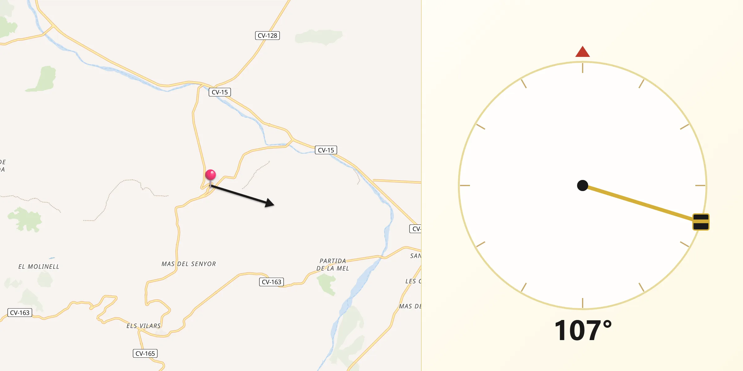 Dirección de la Qibla desde Vilar de Canes