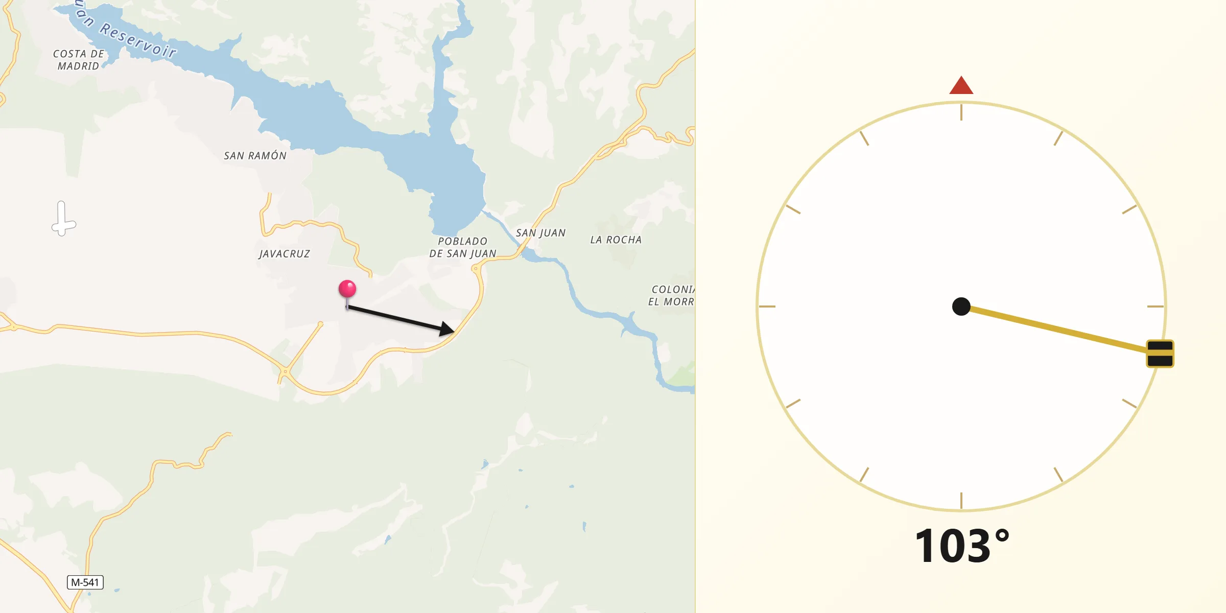 Dirección de la Qibla desde Pelayos de la Presa