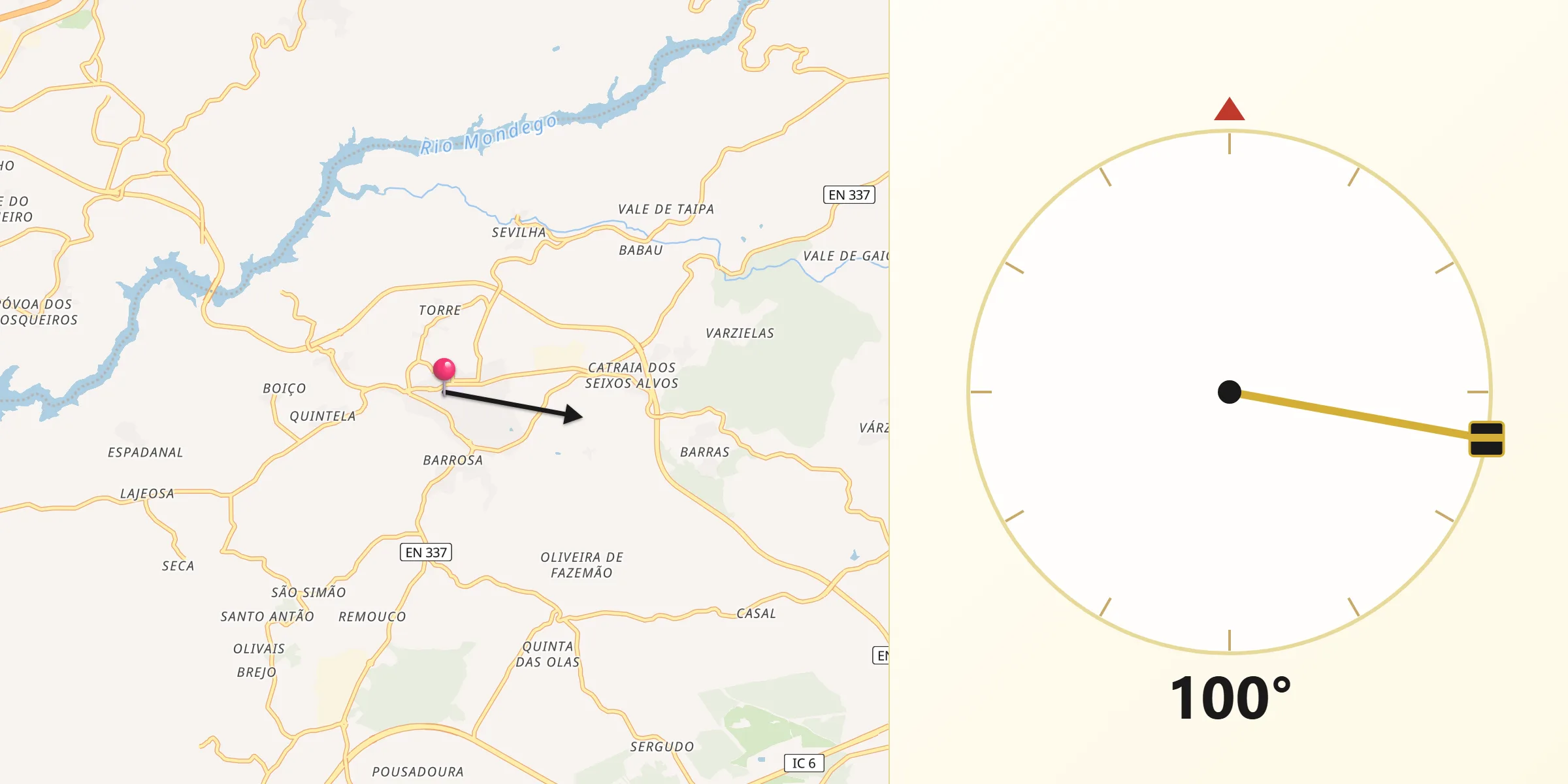 Direção da Qibla a partir de Tábua