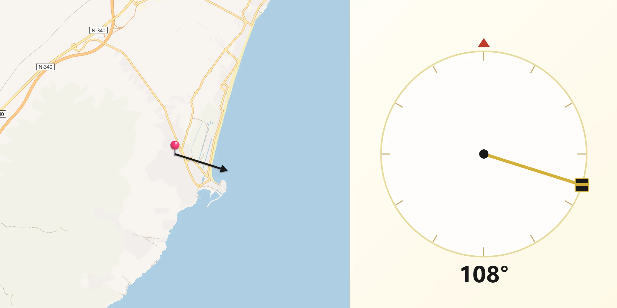 Dirección de la Qibla desde Peníscola/Peñíscola