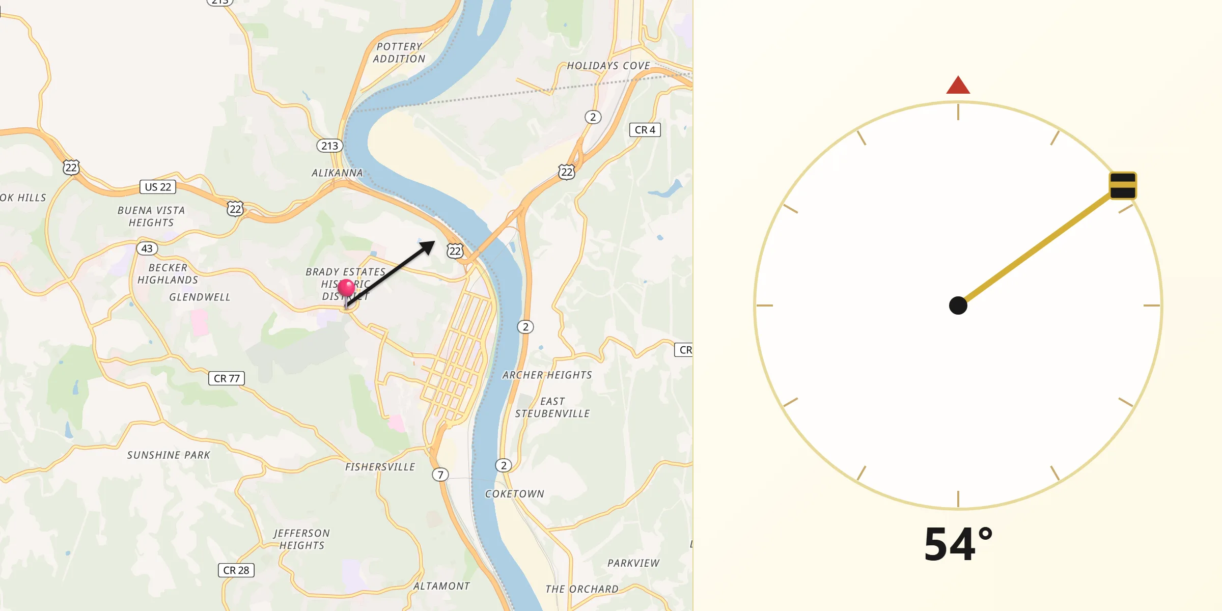 Qibla Direction from Steubenville