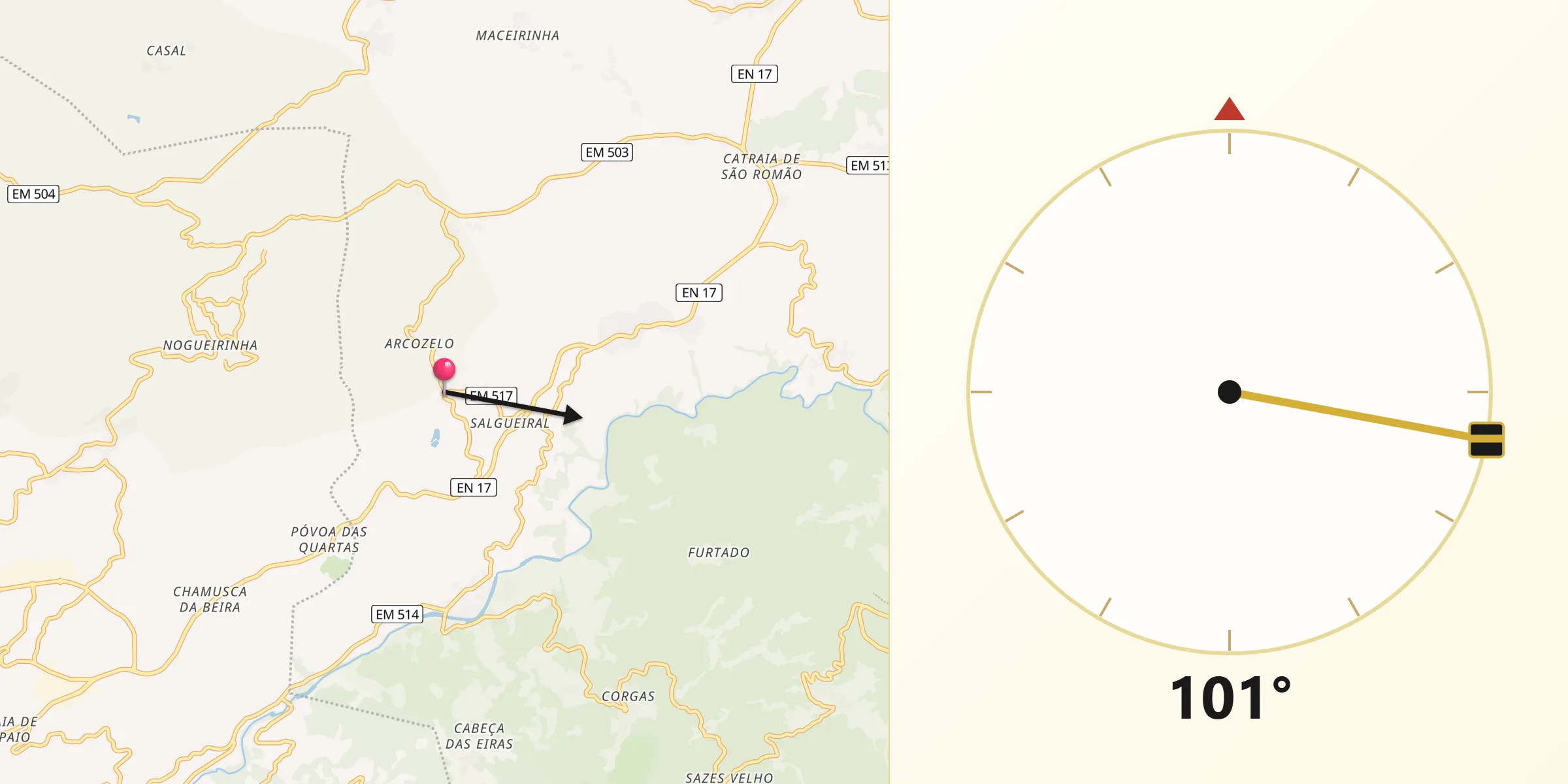 Direção da Qibla a partir de Folhadosa