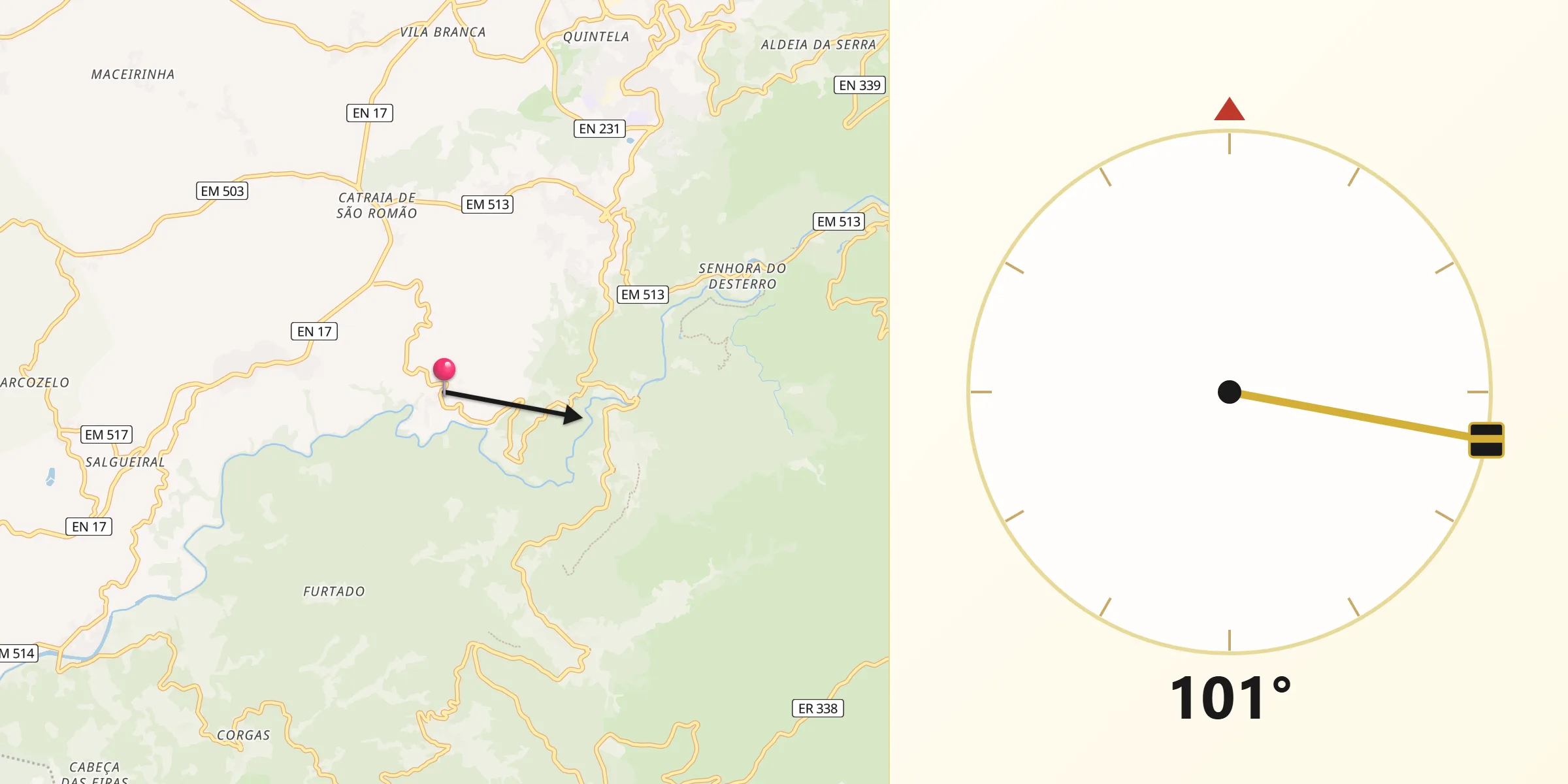 Direção da Qibla a partir de Vila Cova à Coelheira