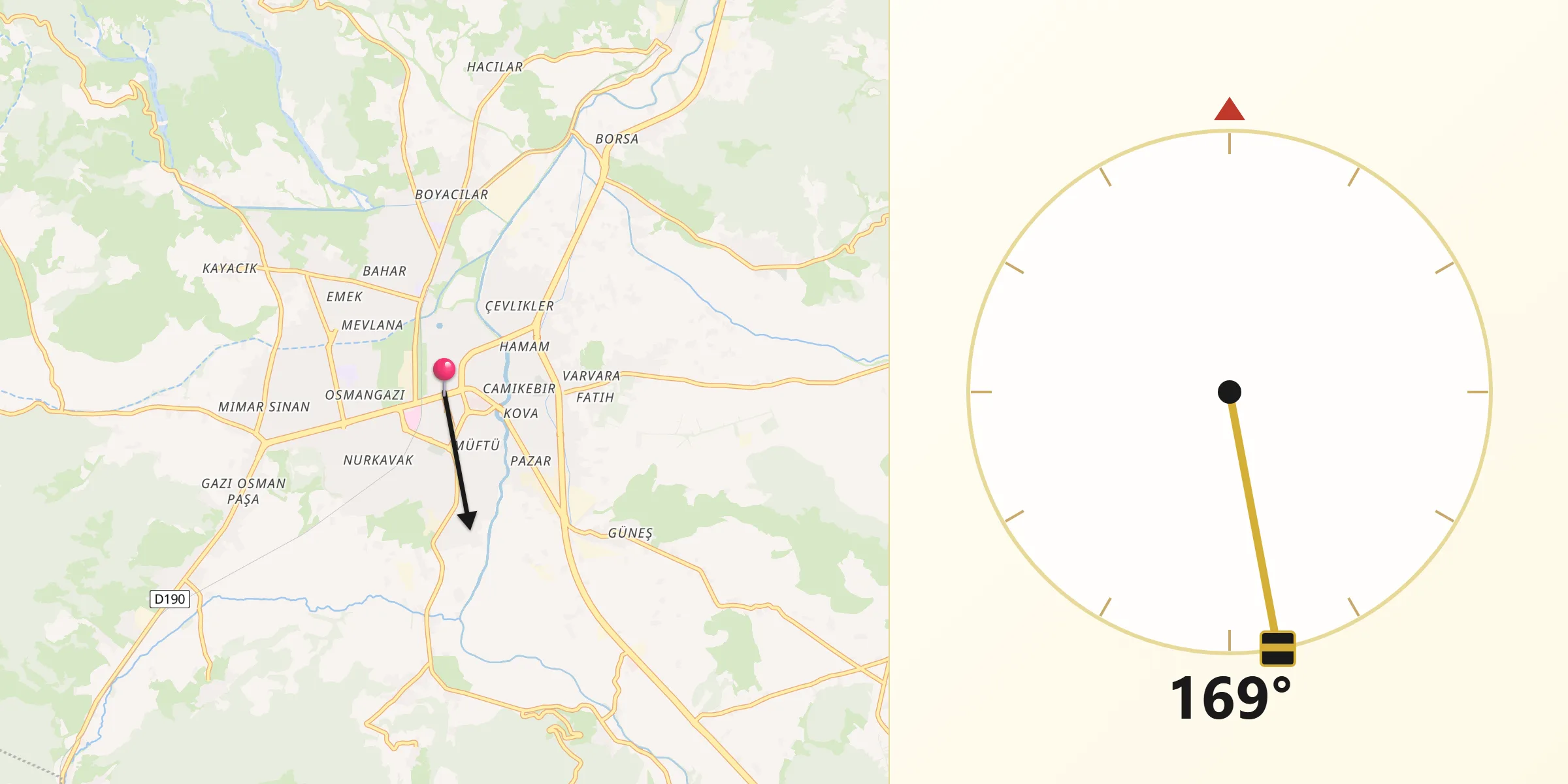 Direction vers la Qibla depuis Turhal