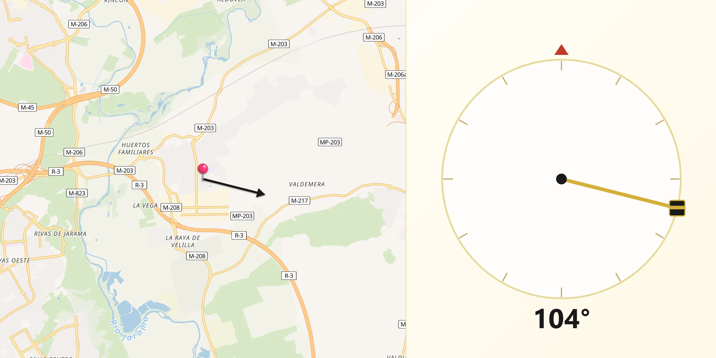 Dirección de la Qibla desde Mejorada del Campo