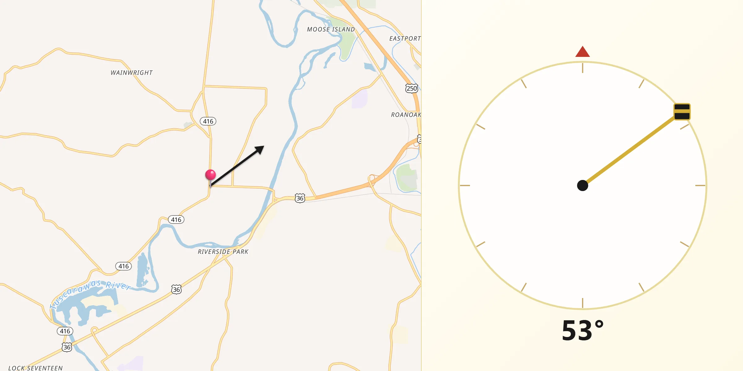 Qibla Direction from Tuscarawas