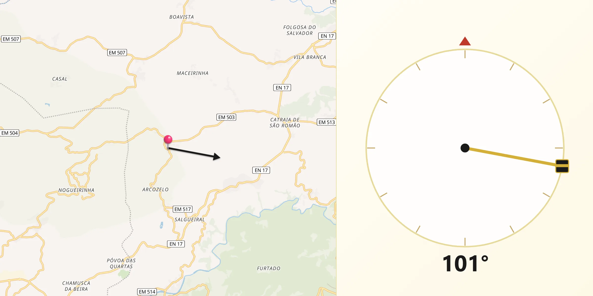 Direção da Qibla a partir de Várzea de Meruge