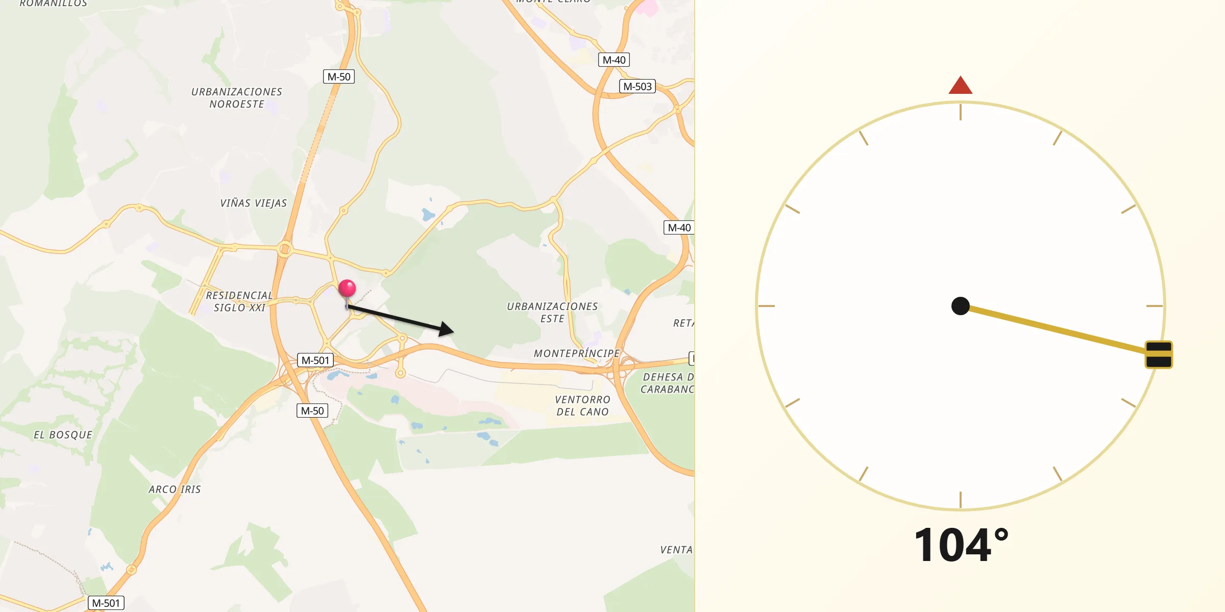 Dirección de la Qibla desde Boadilla del Monte