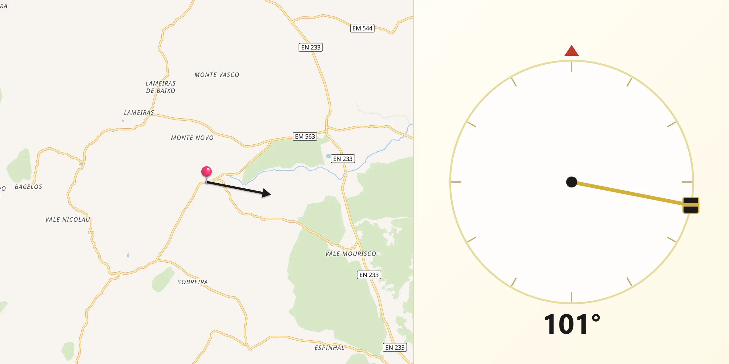 Direção da Qibla a partir de Pousafoles do Bispo