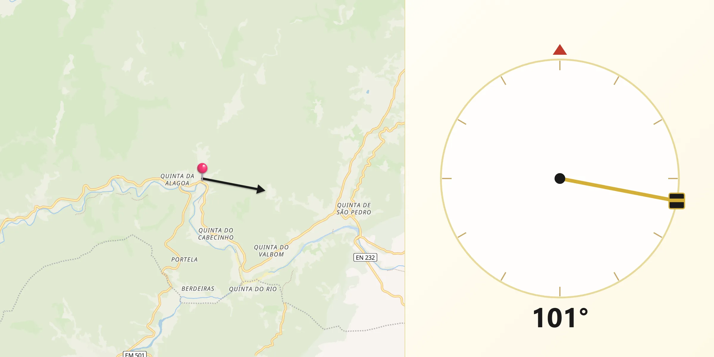 Direção da Qibla a partir de Vale de Amoreira