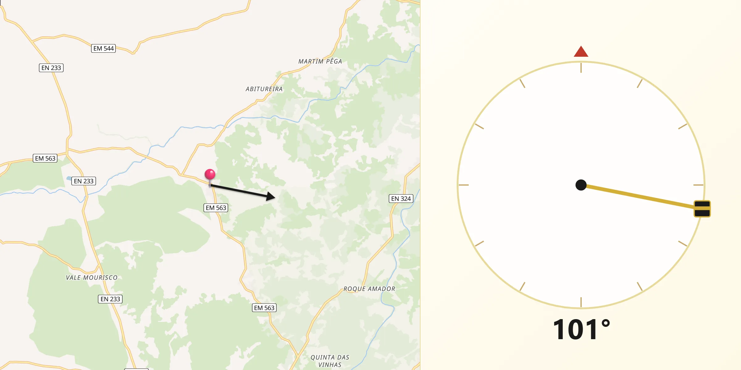 Direção da Qibla a partir de Vila do Touro