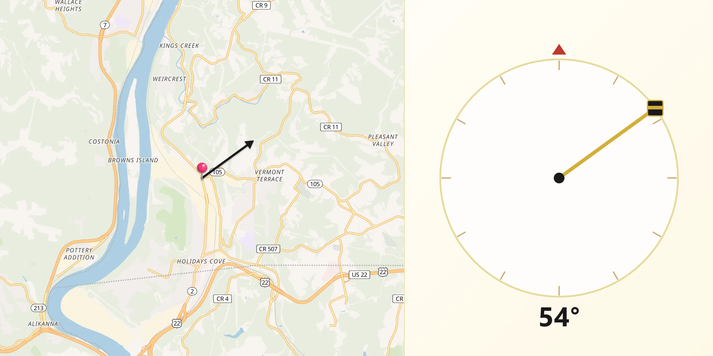 Qibla Direction from Weirton