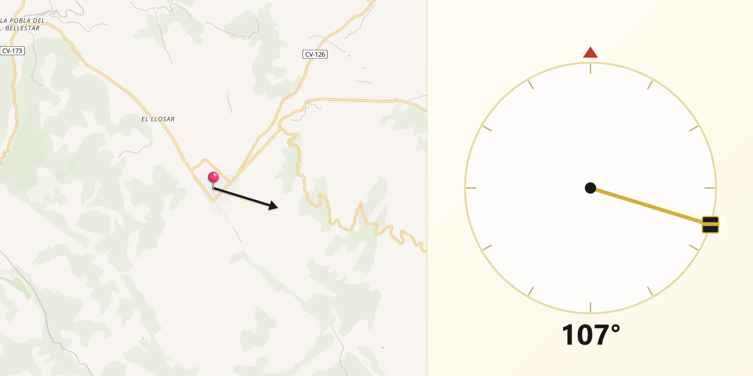 Dirección de la Qibla desde Villafranca del Cid/Vilafranca