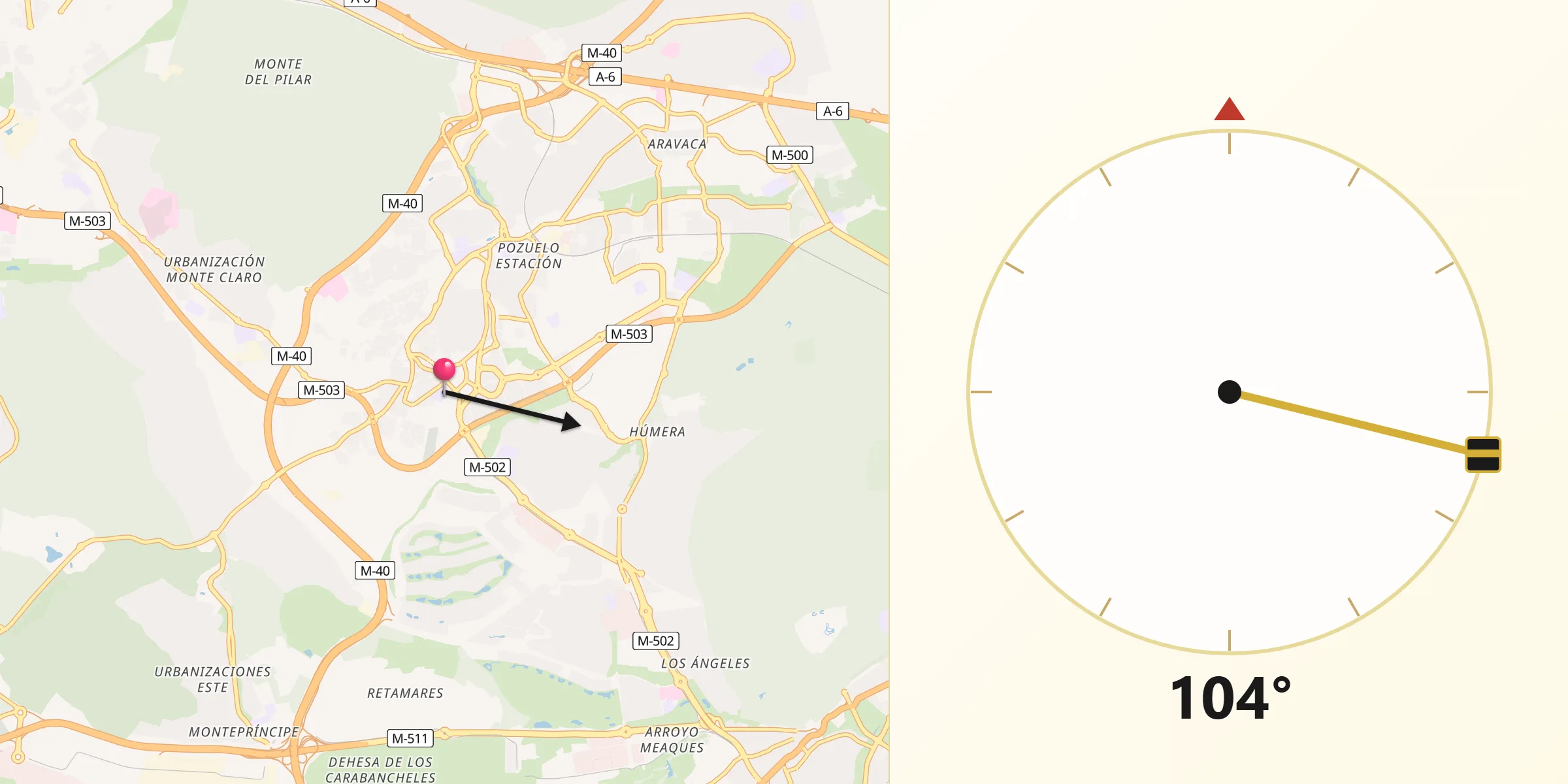 Dirección de la Qibla desde Pozuelo de Alarcón