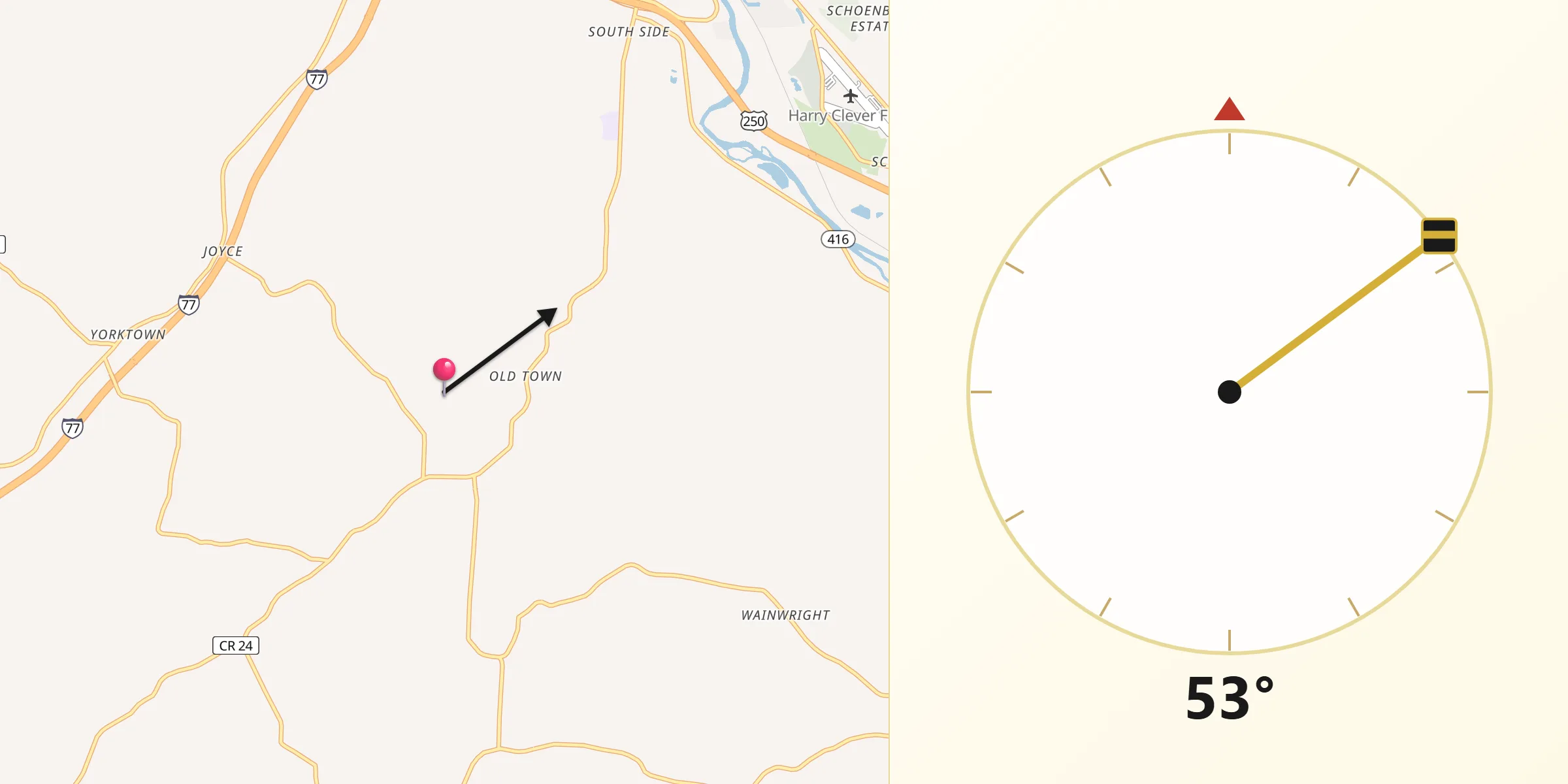 Qibla Direction from Tuscarawas County