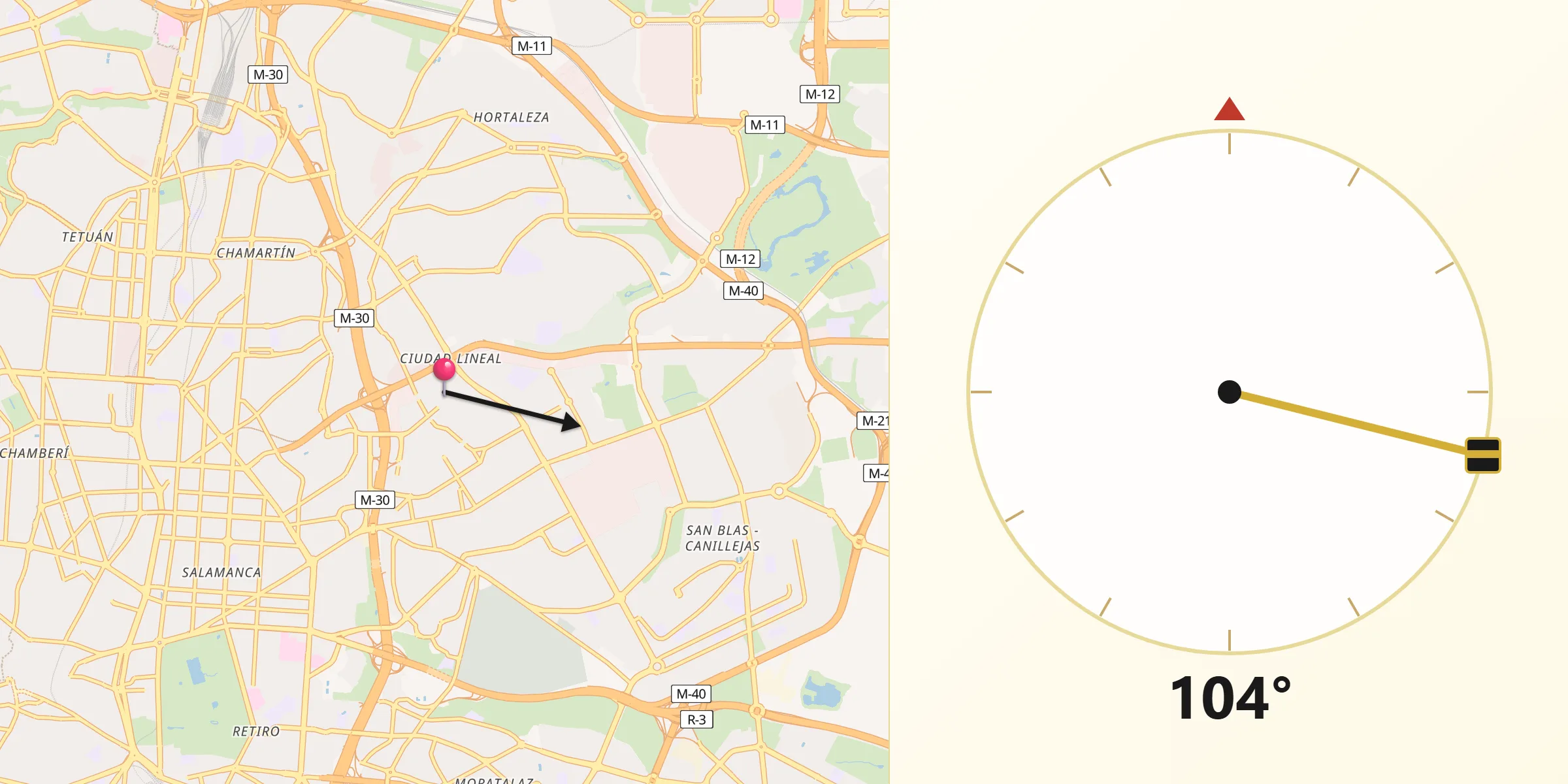Direção da Qibla a partir de Ciudad Lineal