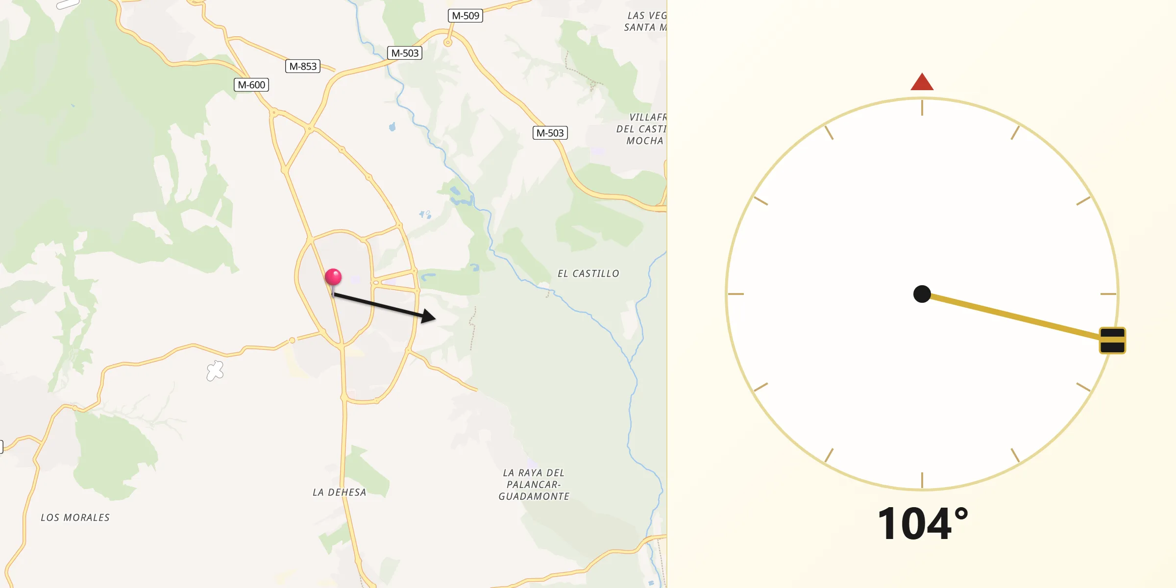 Dirección de la Qibla desde Villanueva de la Cañada
