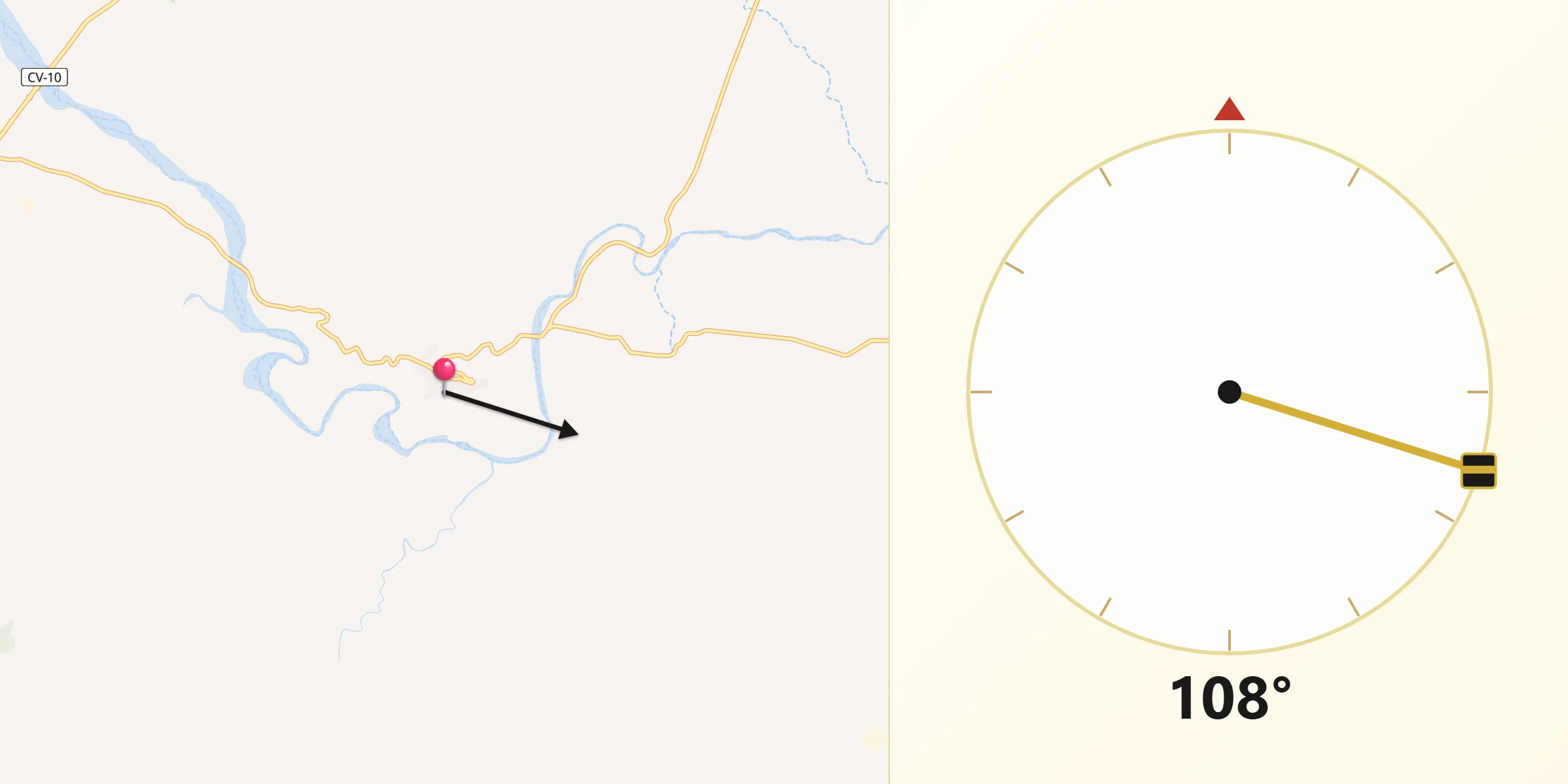 Dirección de la Qibla desde Cervera del Maestre