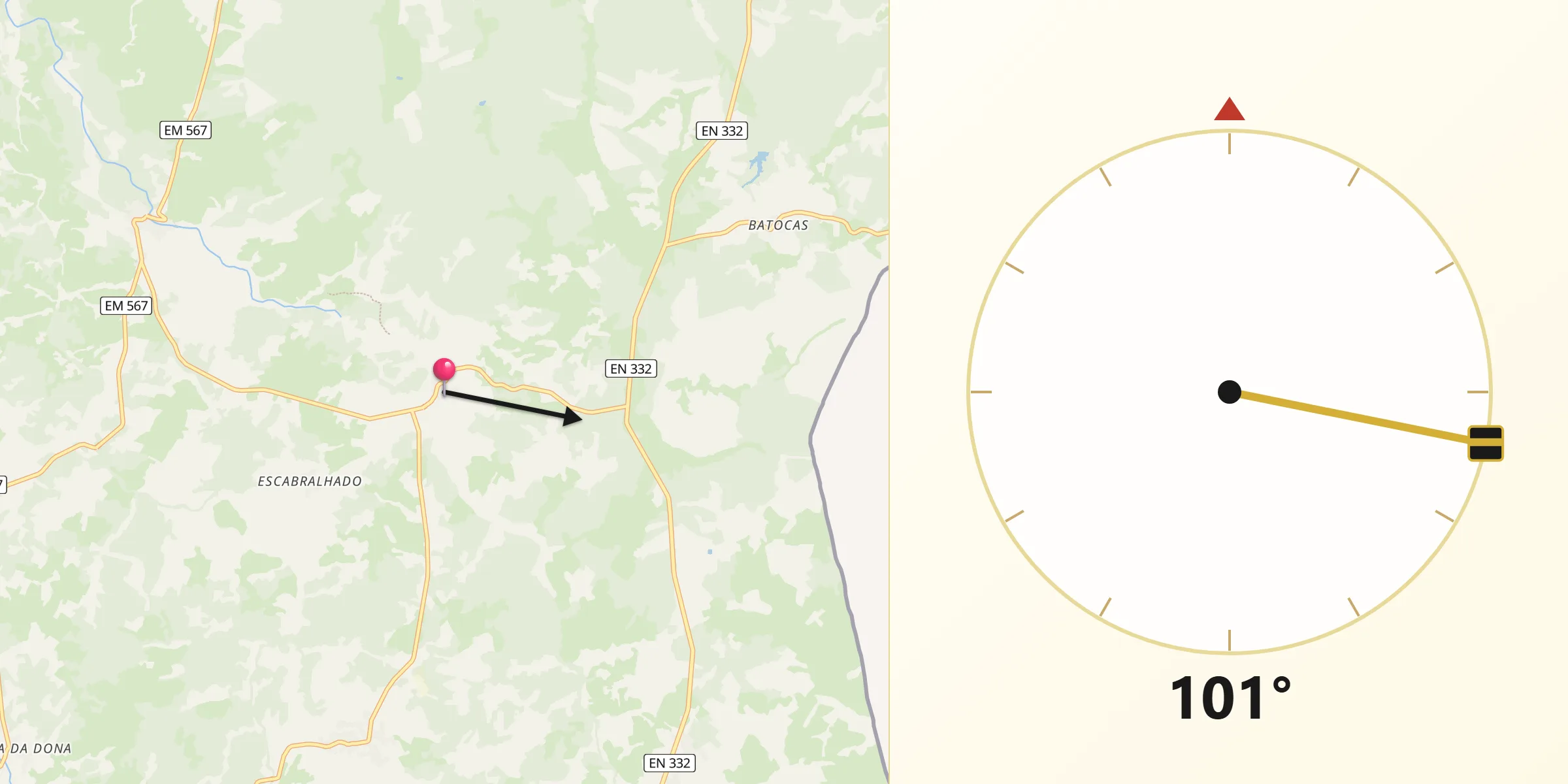 Direção da Qibla a partir de Aldeia da Ribeira