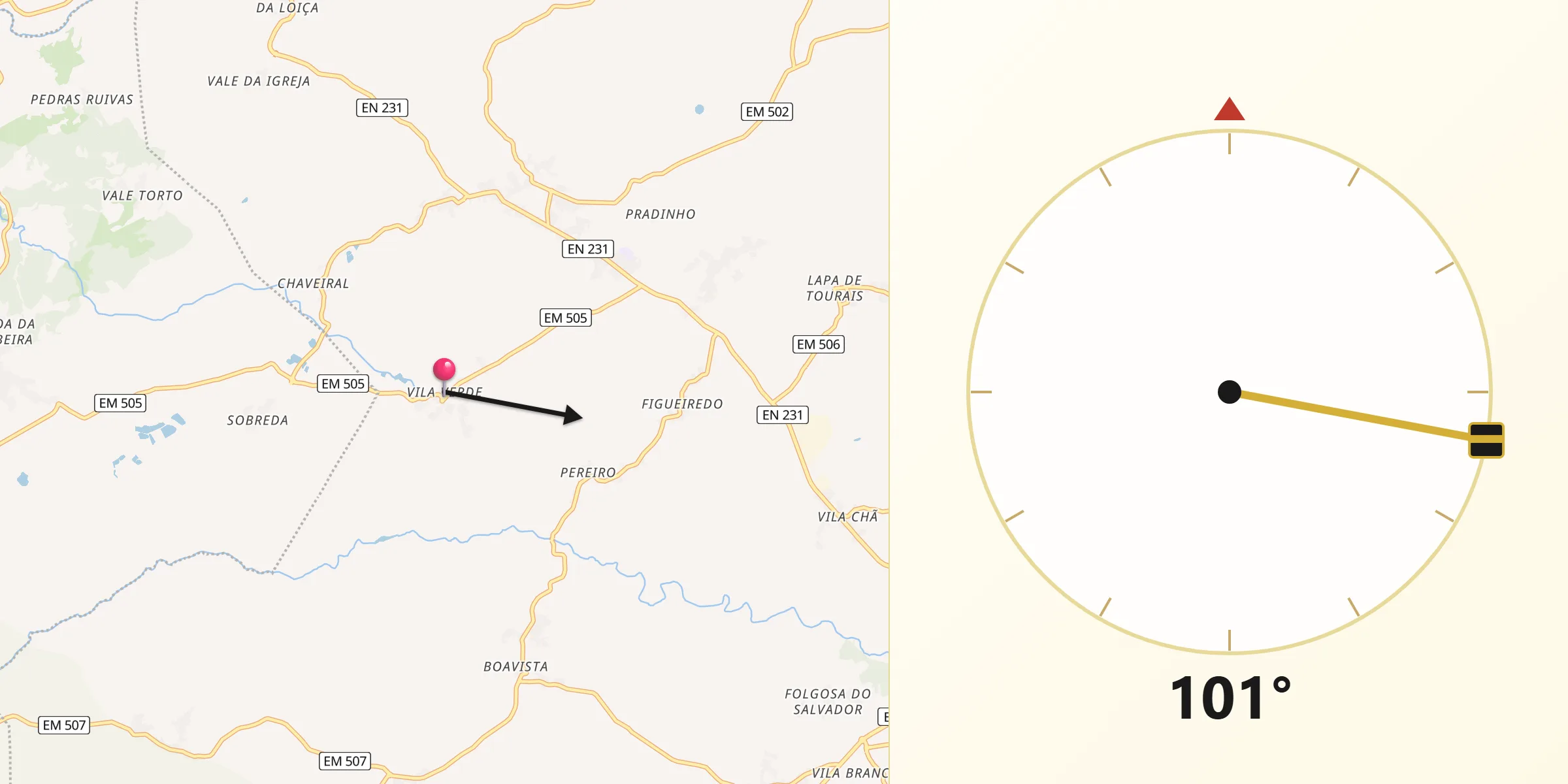 Direção da Qibla a partir de Vila Verde
