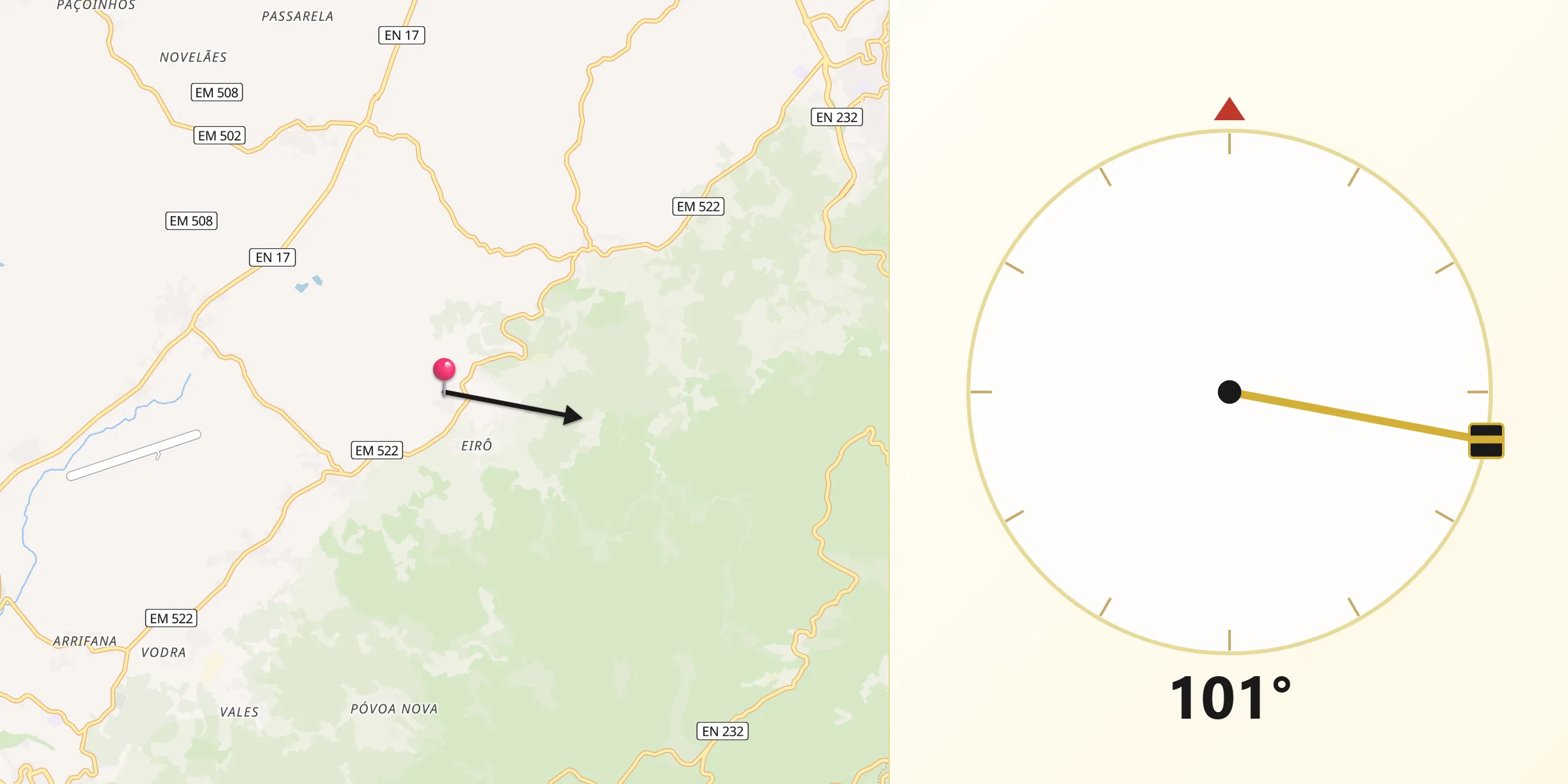 Direção da Qibla a partir de Paços da Serra