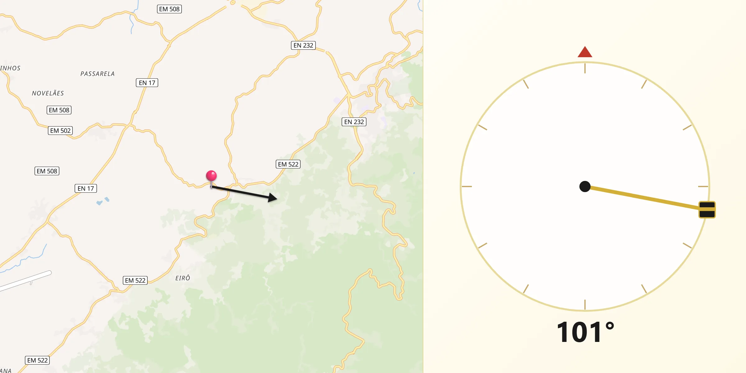 Direção da Qibla a partir de Moimenta da Serra