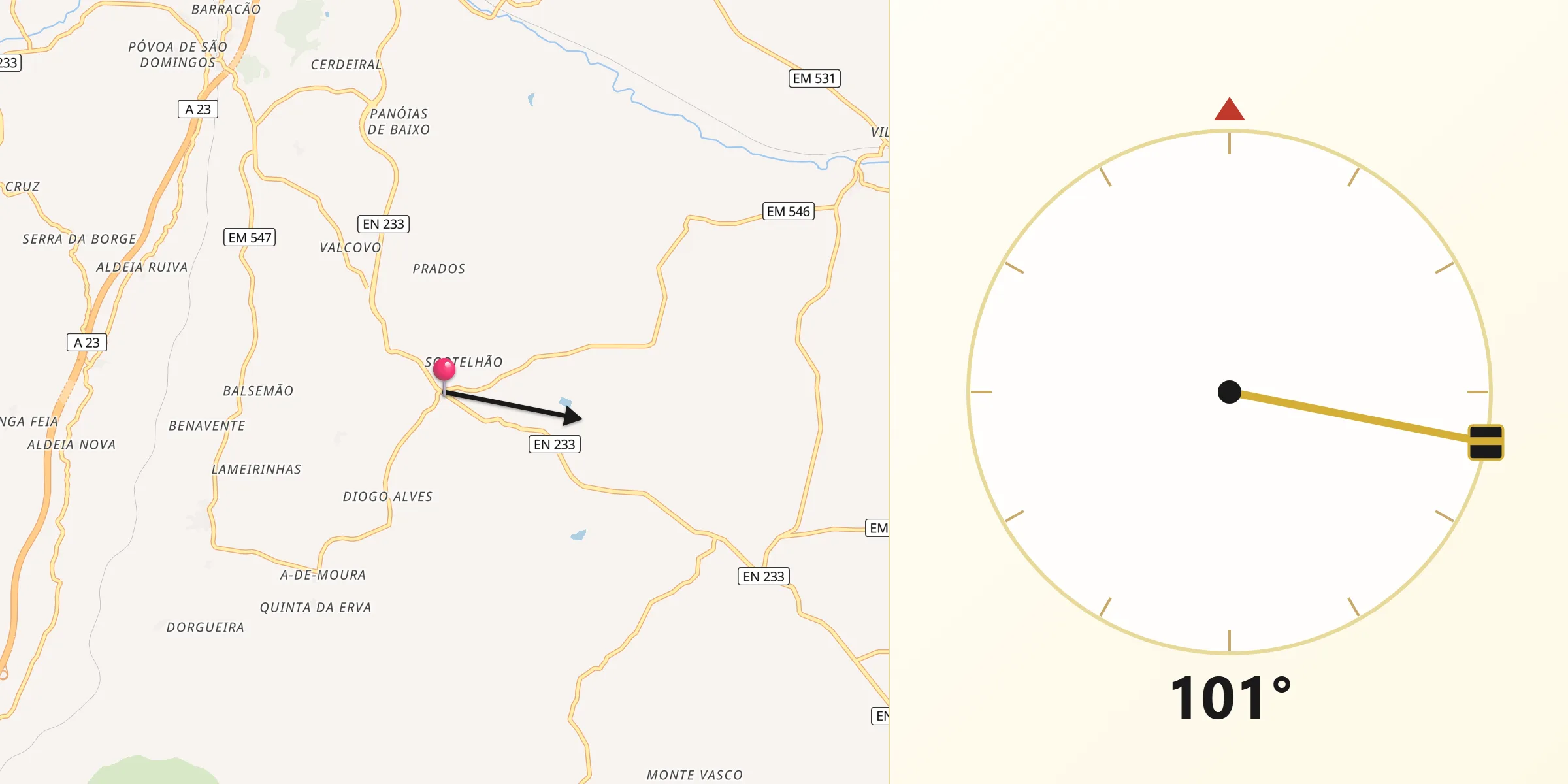 Direção da Qibla a partir de Santana da Azinha
