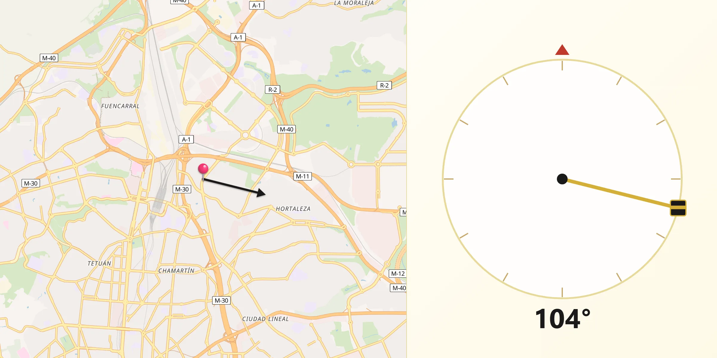 Dirección de la Qibla desde Pinar de Chamartín