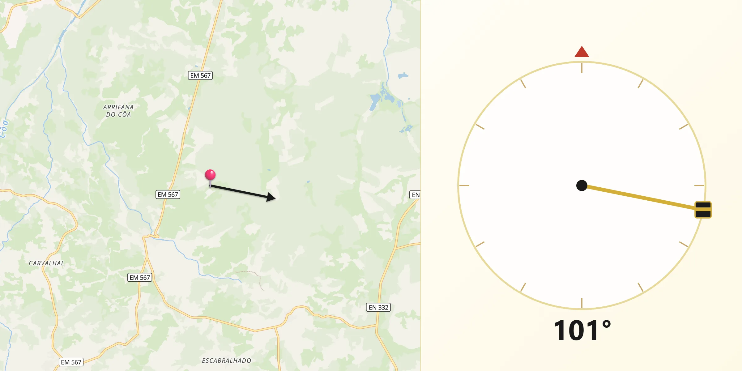 Direção da Qibla a partir de Vilar Maior