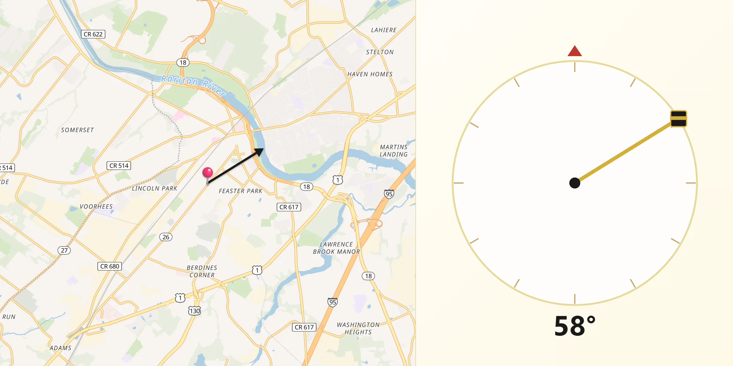 Qibla Direction from New Brunswick