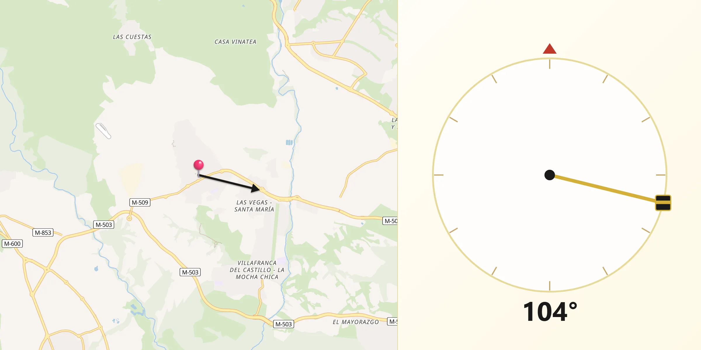 Dirección de la Qibla desde Villanueva del Pardillo