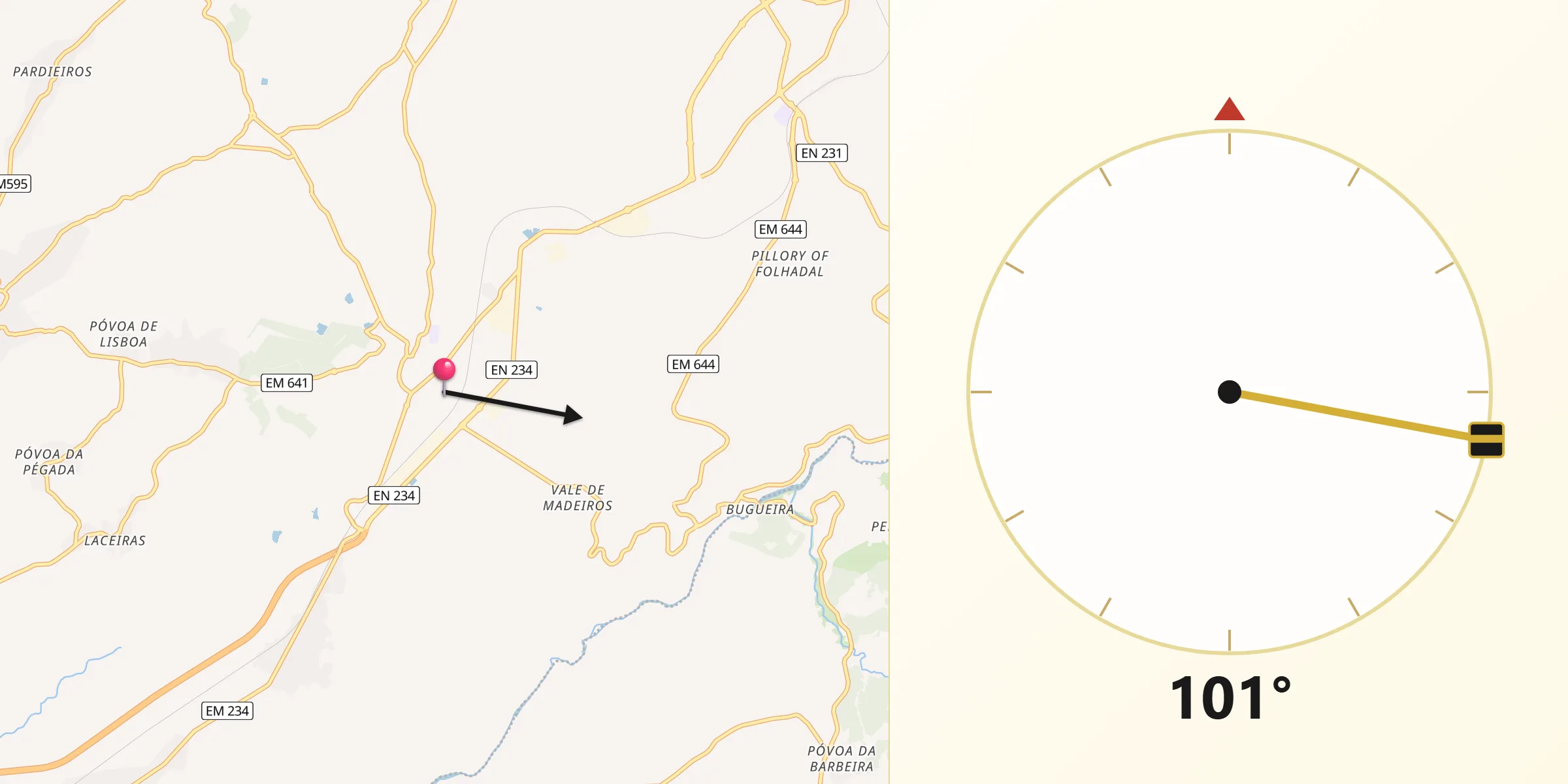 Direção da Qibla a partir de Canas de Senhorim