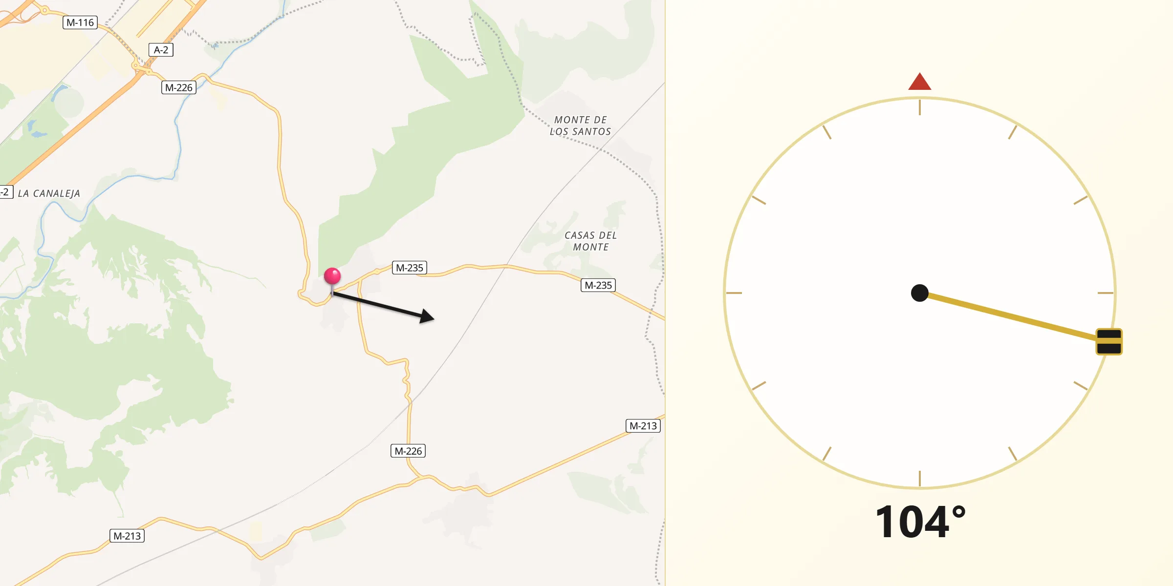 Dirección de la Qibla desde Santos de la Humosa Los