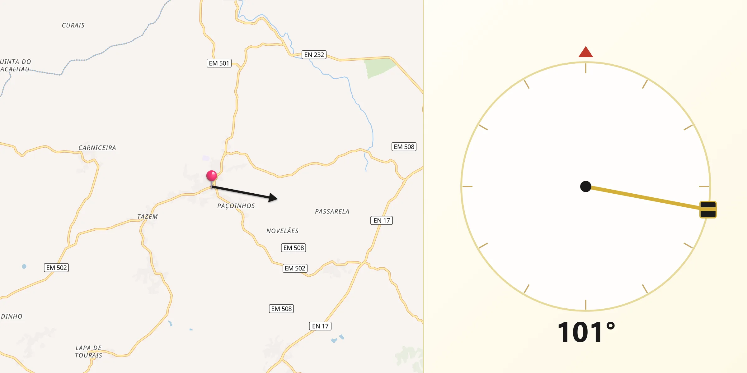Direção da Qibla a partir de Vila Nova de Tazem